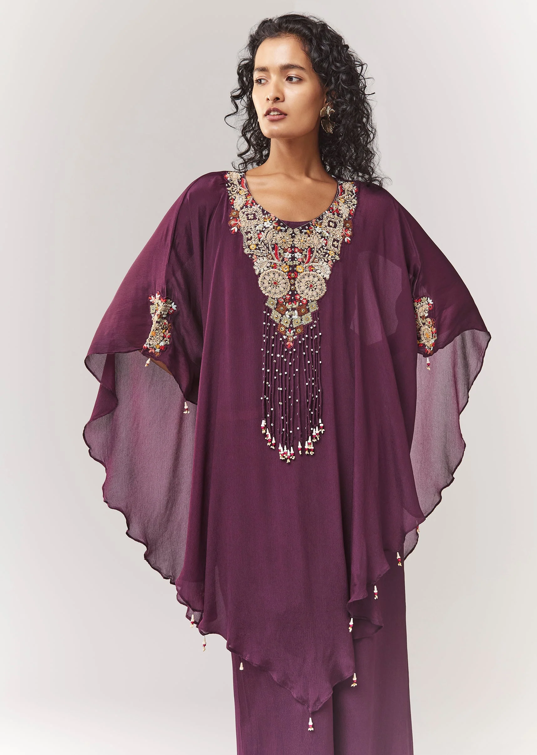 Wine Thread Work Cape Set With Palazzo - Image 4