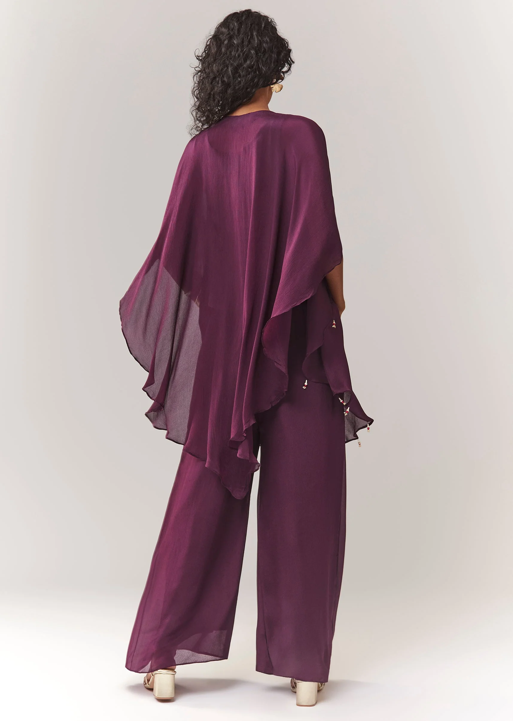 Wine Thread Work Cape Set With Palazzo - Image 5