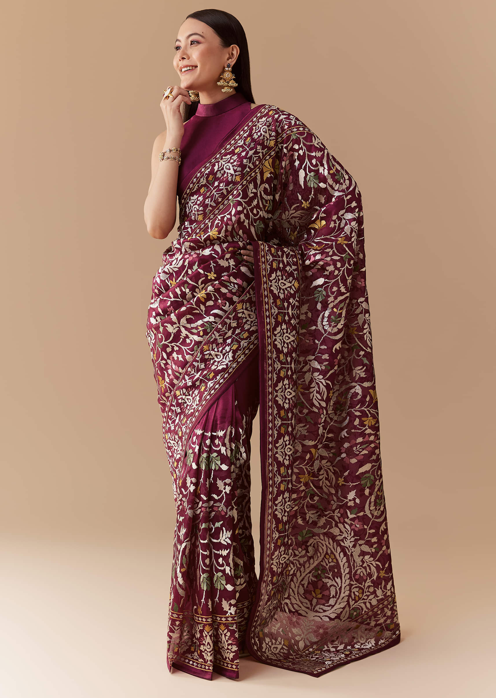 Wine Tissue Organza Embroidered Saree with Unstitched Blouse - Image 3
