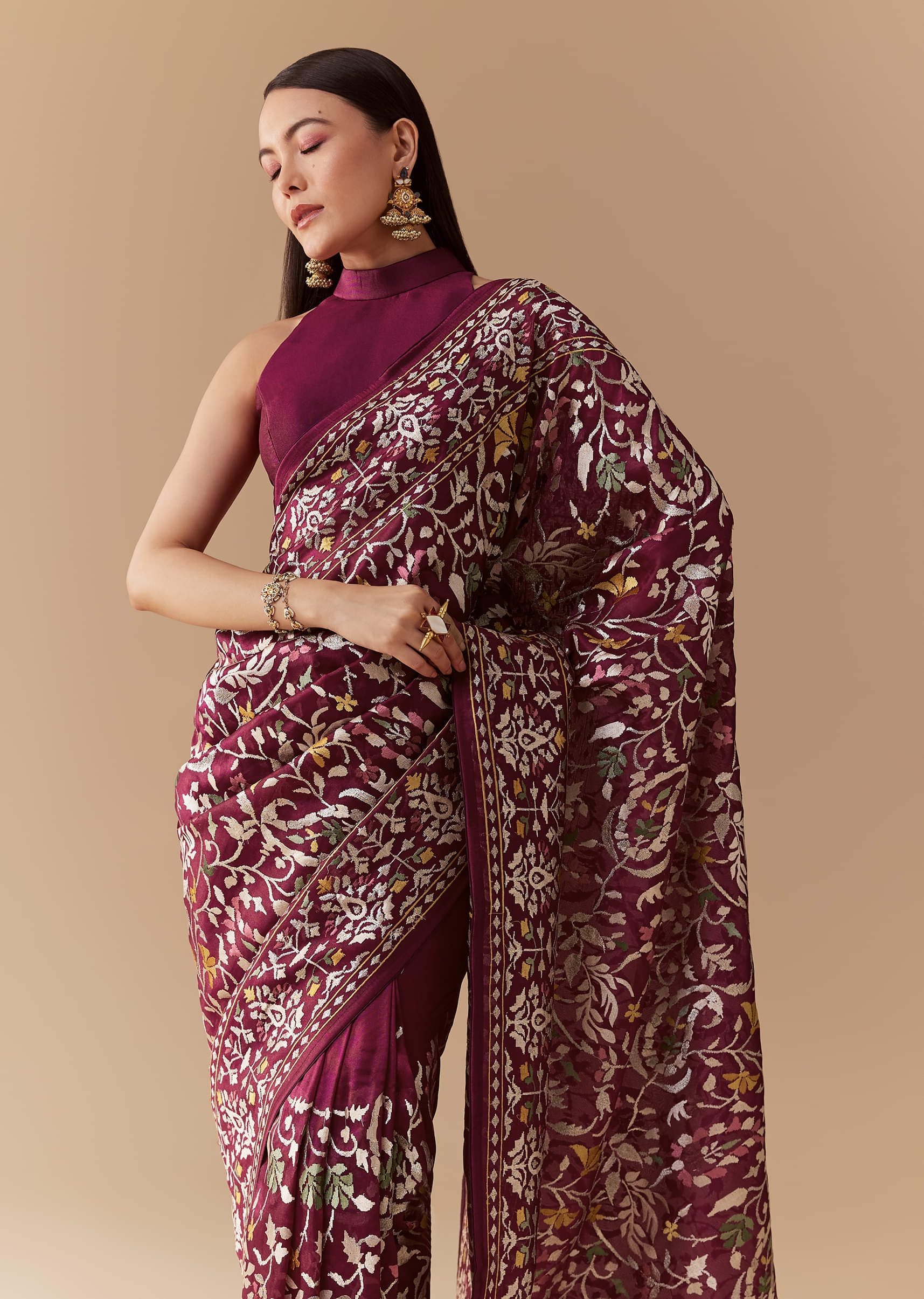 Wine Tissue Organza Embroidered Saree with Unstitched Blouse - Image 5