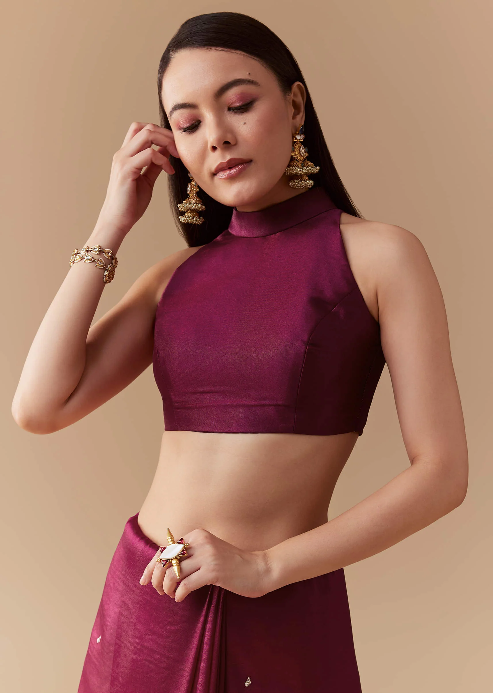 Wine Tissue Organza Embroidered Saree with Unstitched Blouse - Image 7