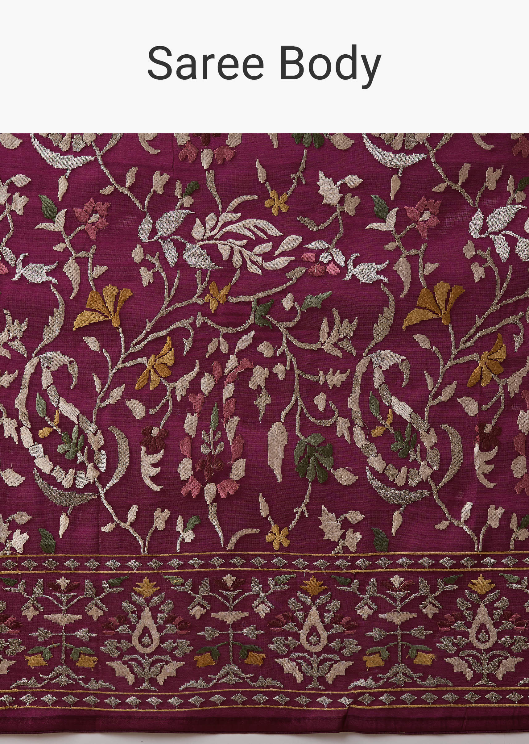 Wine Tissue Organza Embroidered Saree with Unstitched Blouse - Image 9