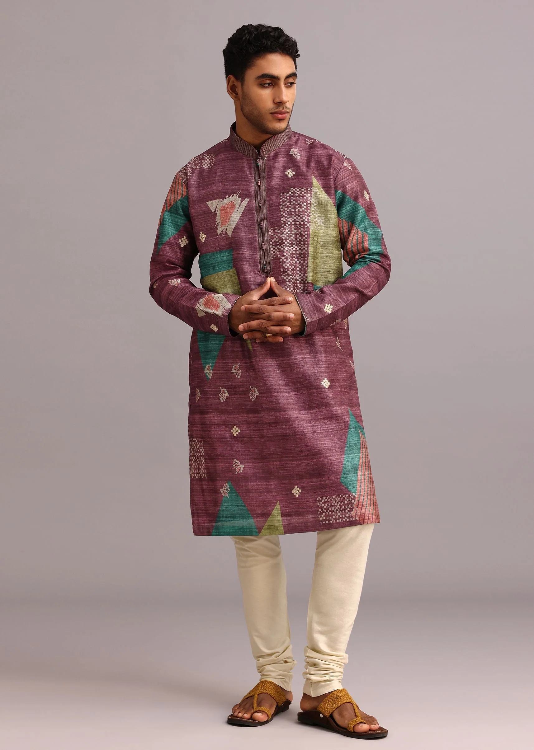 Wine Tussar Silk Printed Kurta Set - Image 3