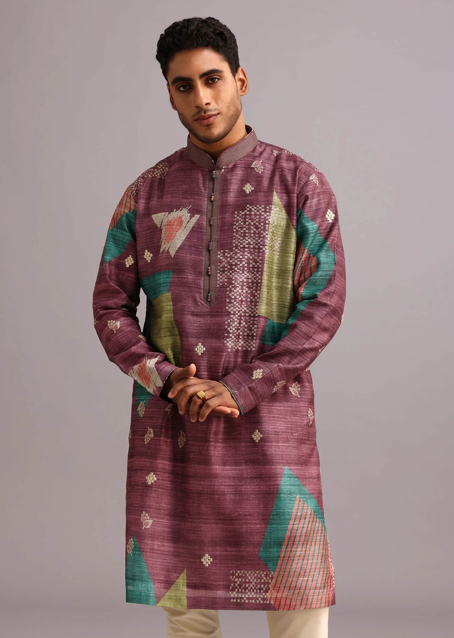 Wine Tussar Silk Printed Kurta Set - Image 4
