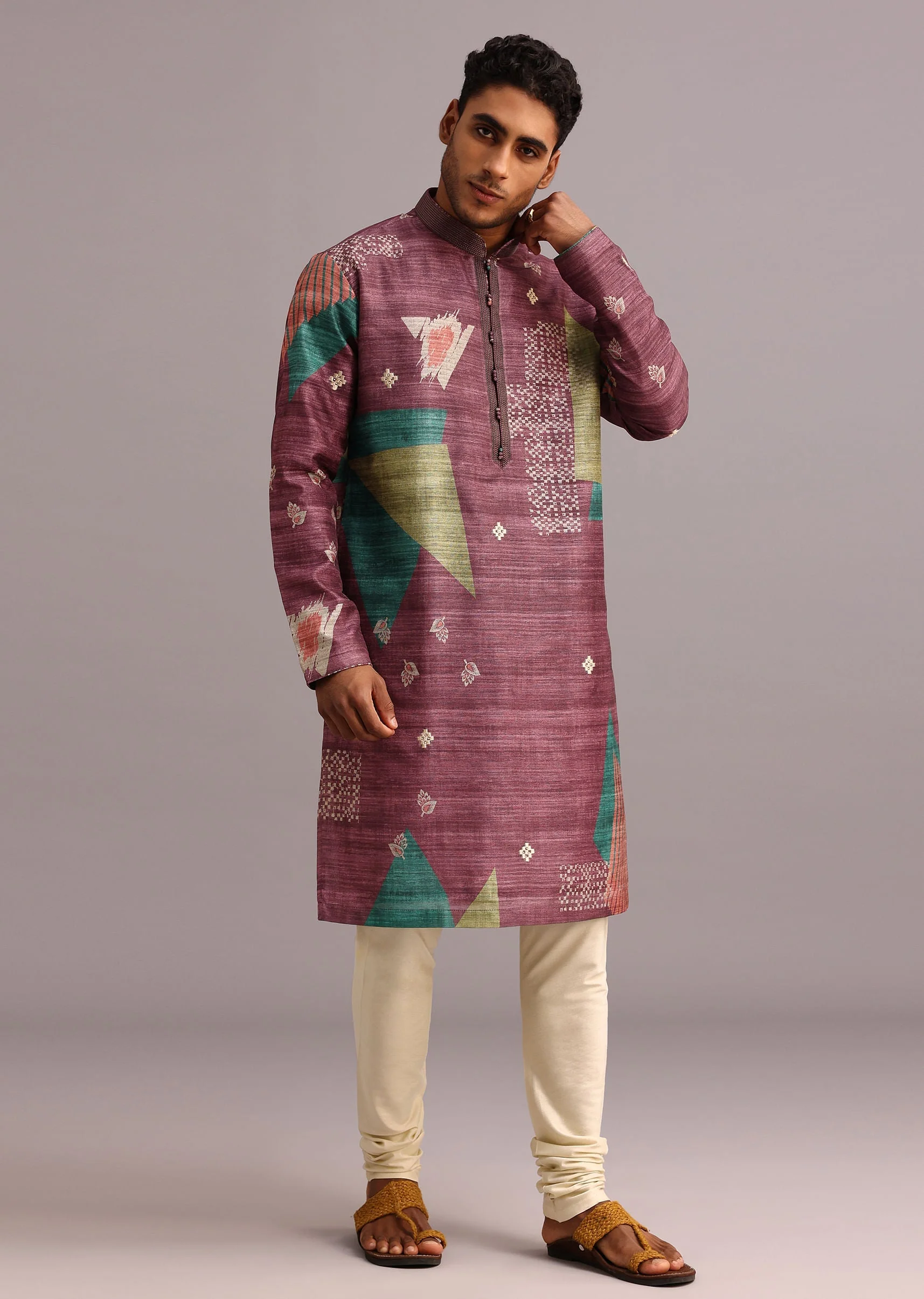 Wine Tussar Silk Printed Kurta Set - Image 5