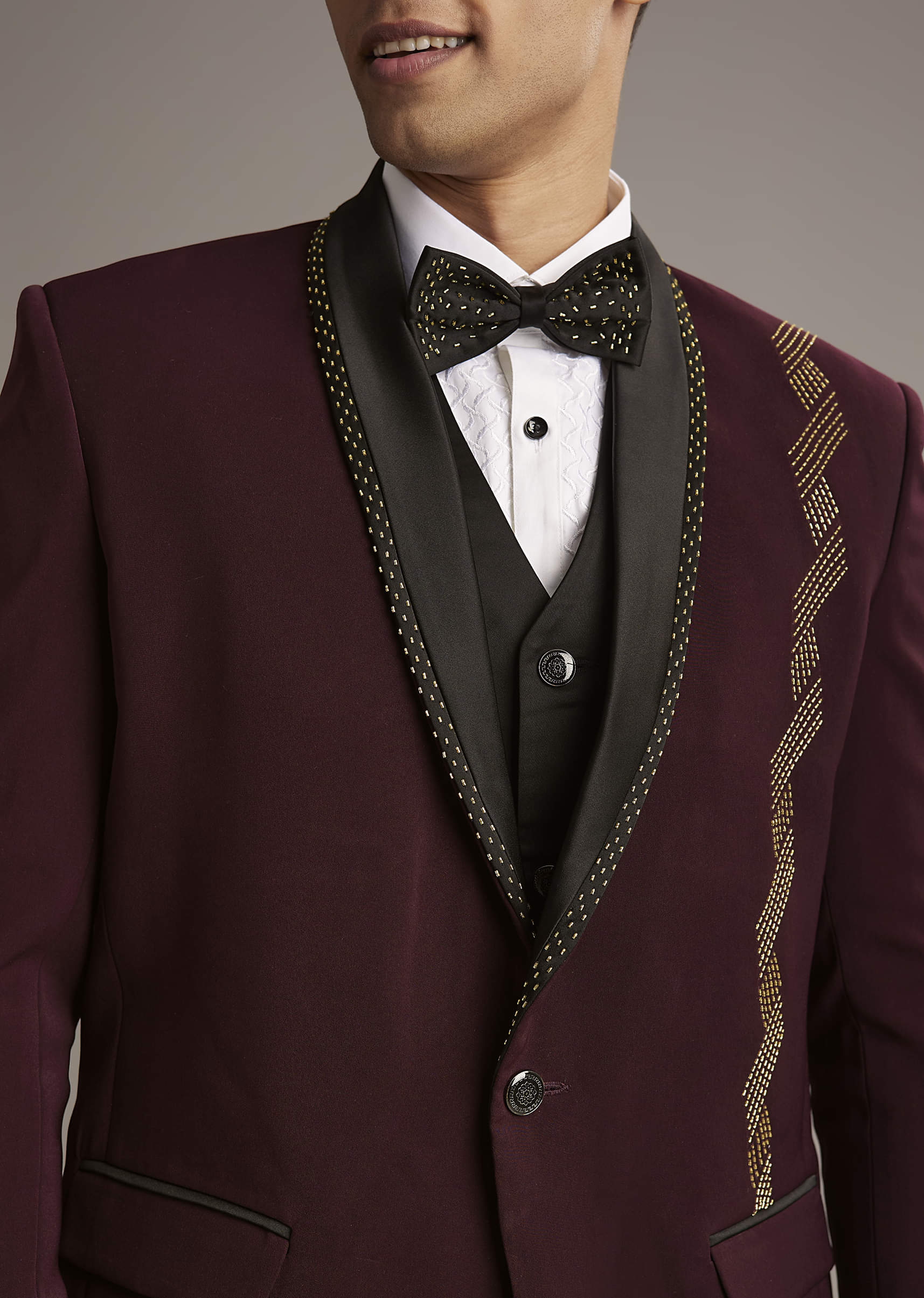 Wine Tuxedo For Men With Cutdana Embroidery - Image 2