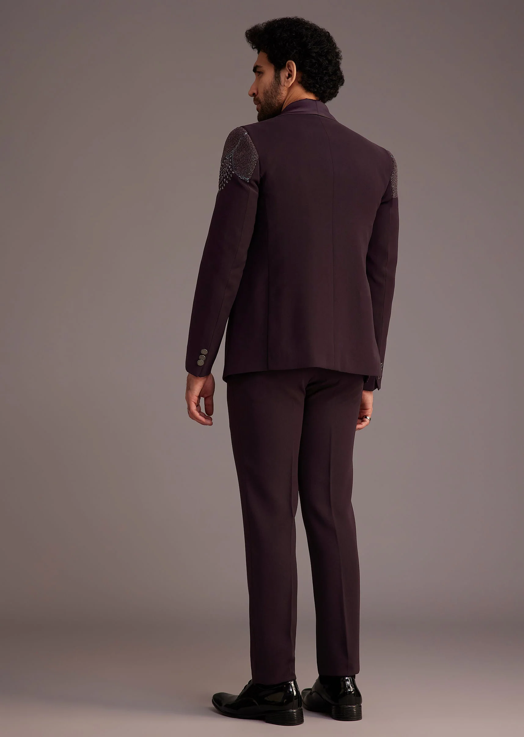Wine Tuxedo With Beaded Detailing And Satin Peak Lapel - Image 5