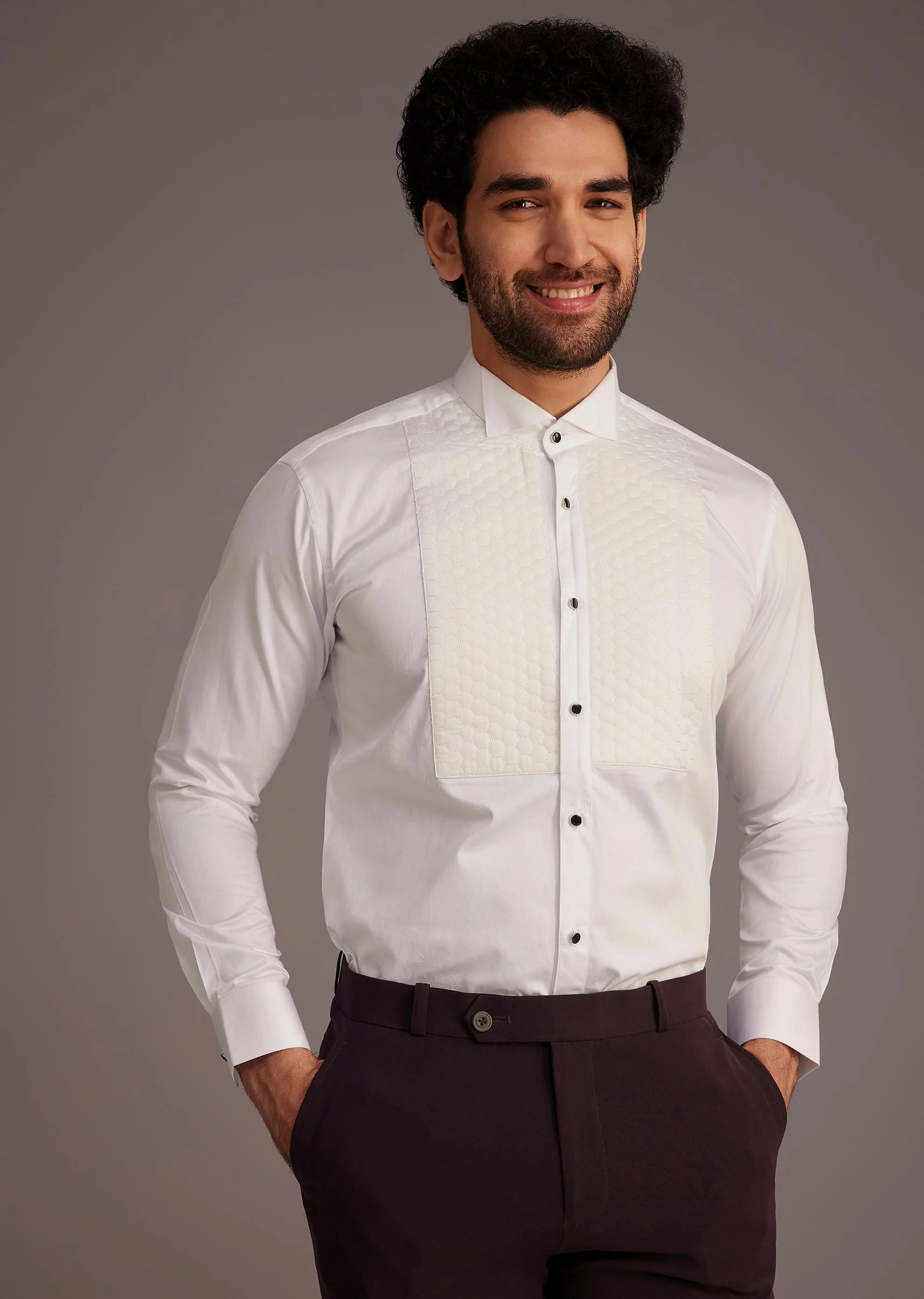 Wine Tuxedo With Beaded Detailing And Satin Peak Lapel - Image 7