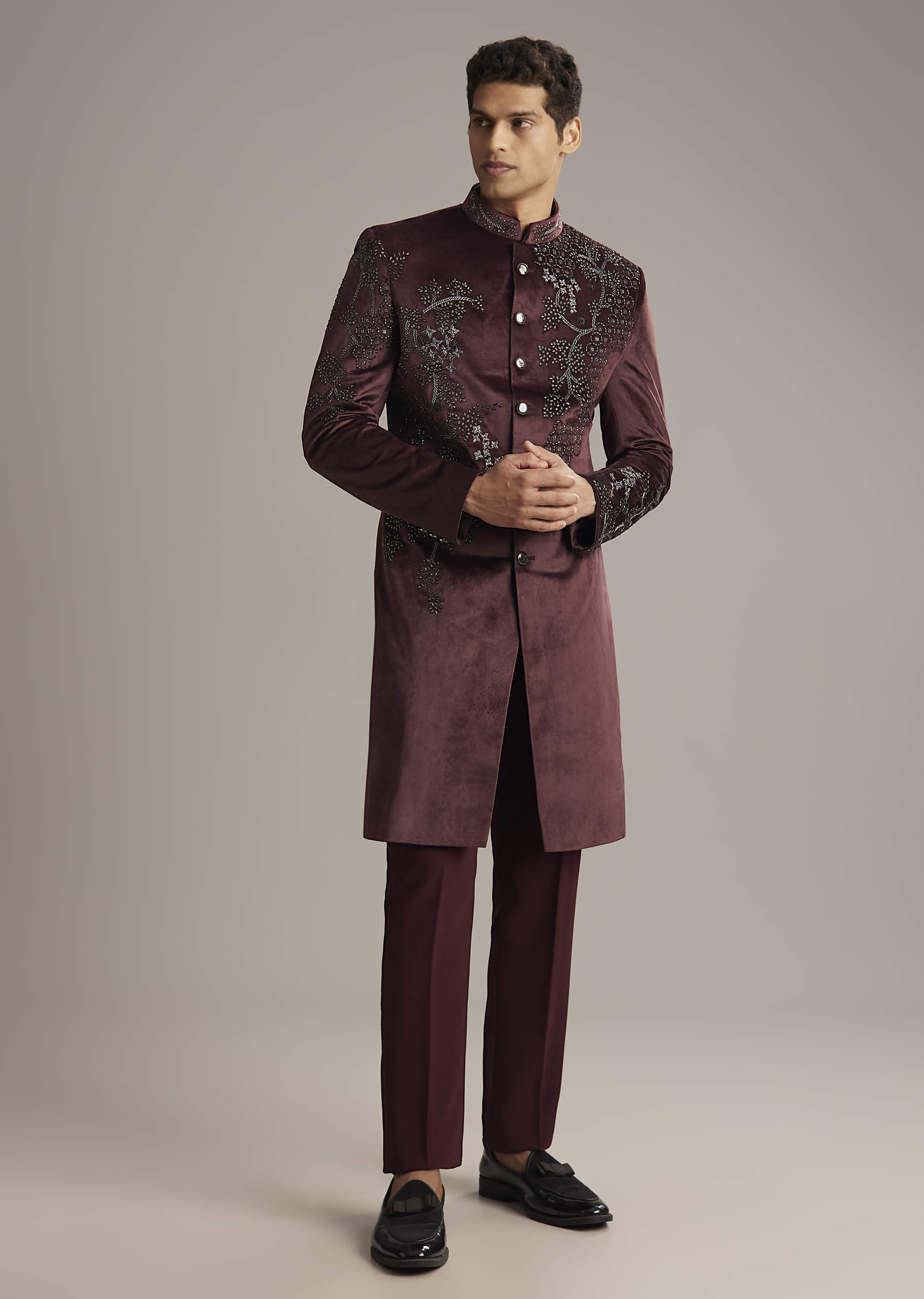 Wine Velvet Indo Western Set For Men With Intricate Hand Embroidery - Image 3