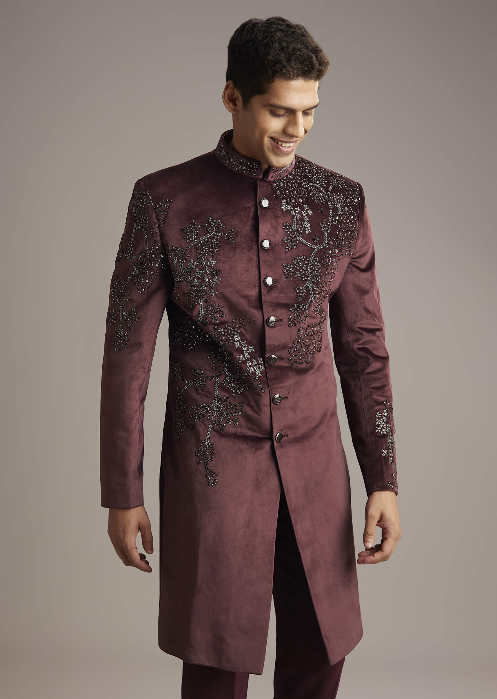 Wine Velvet Indo Western Set For Men With Intricate Hand Embroidery - Image 4