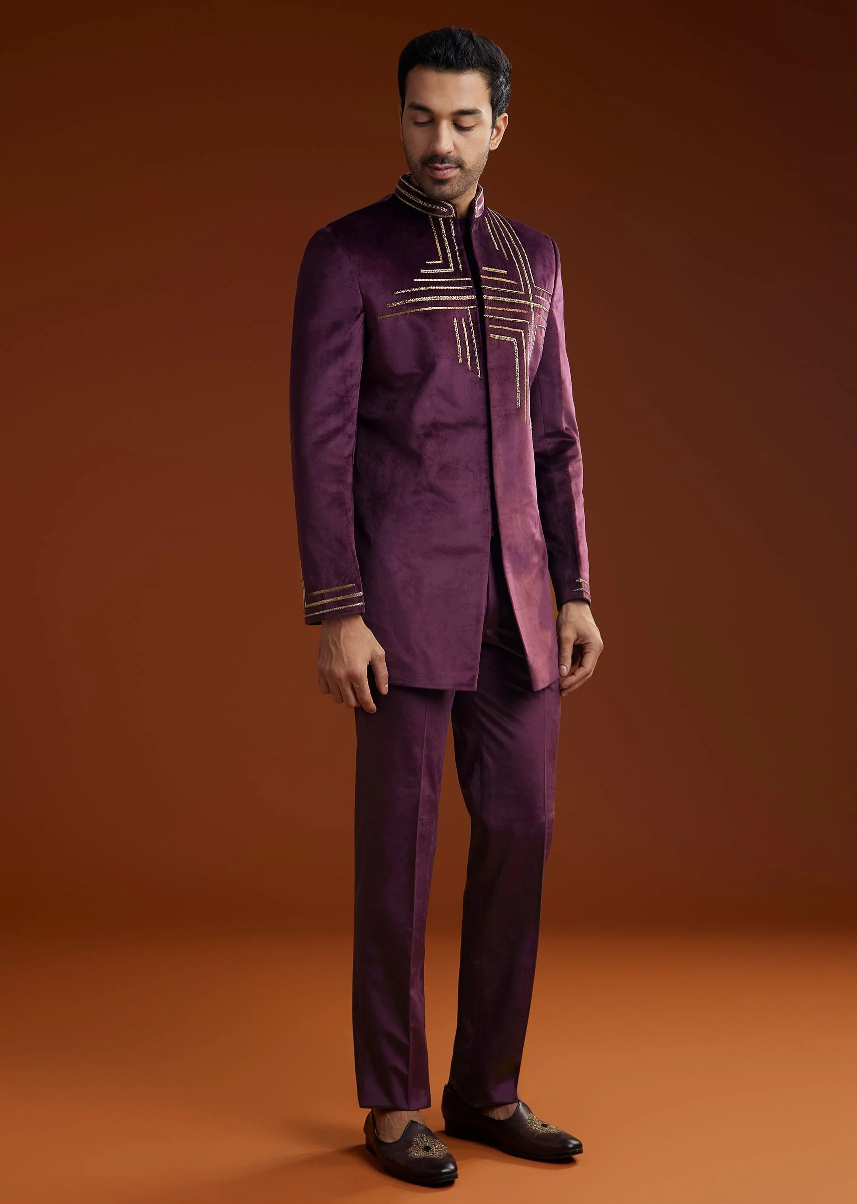 Wine Velvet Jodhpuri Kurta Trouser Set With Zari Embroidery