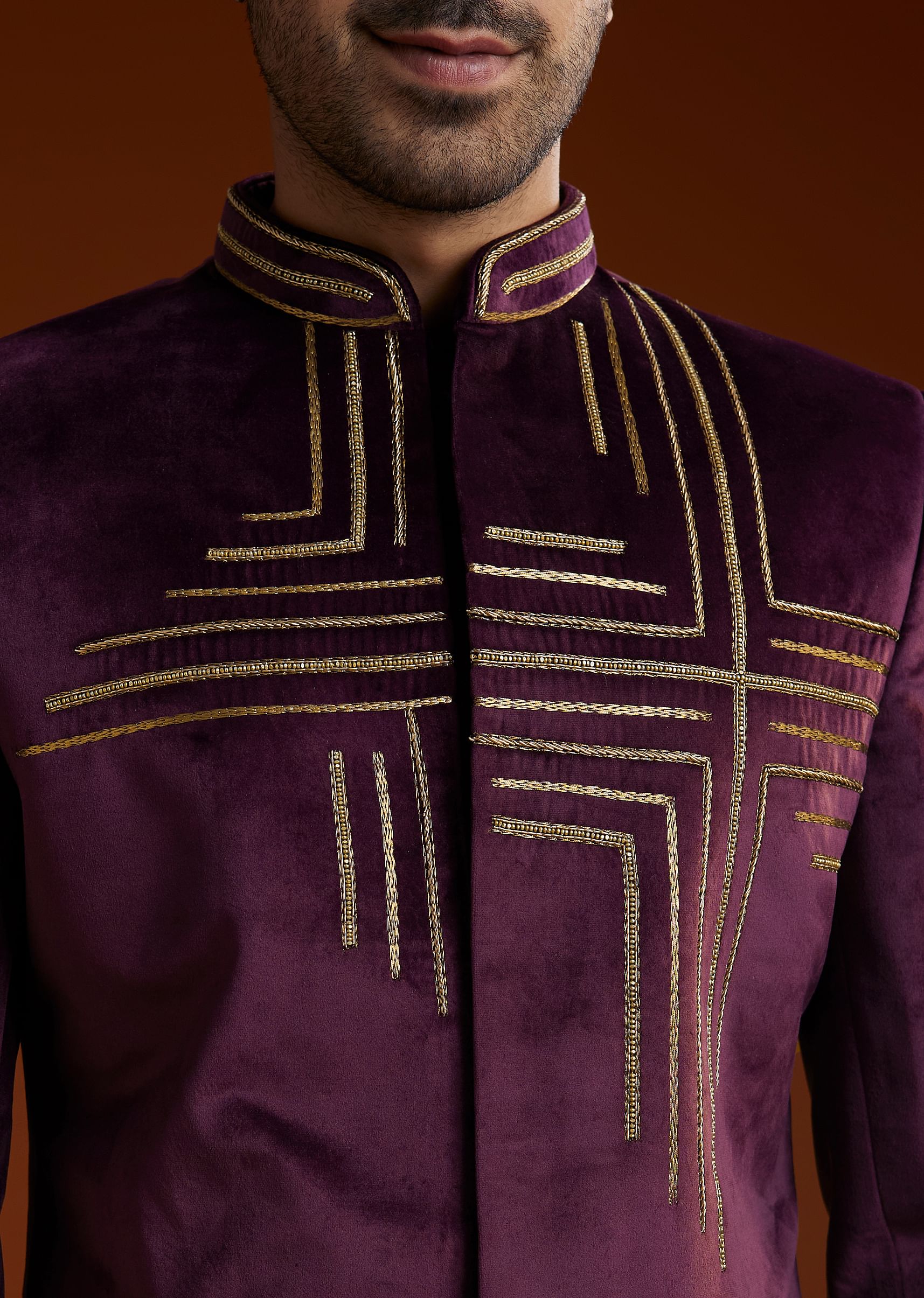 Wine Velvet Jodhpuri Kurta Trouser Set With Zari Embroidery - Image 2