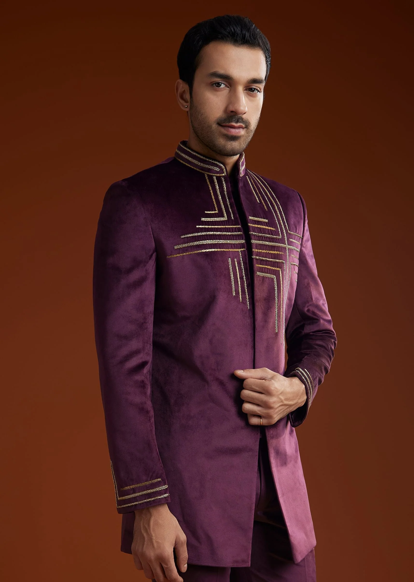 Wine Velvet Jodhpuri Kurta Trouser Set With Zari Embroidery - Image 4