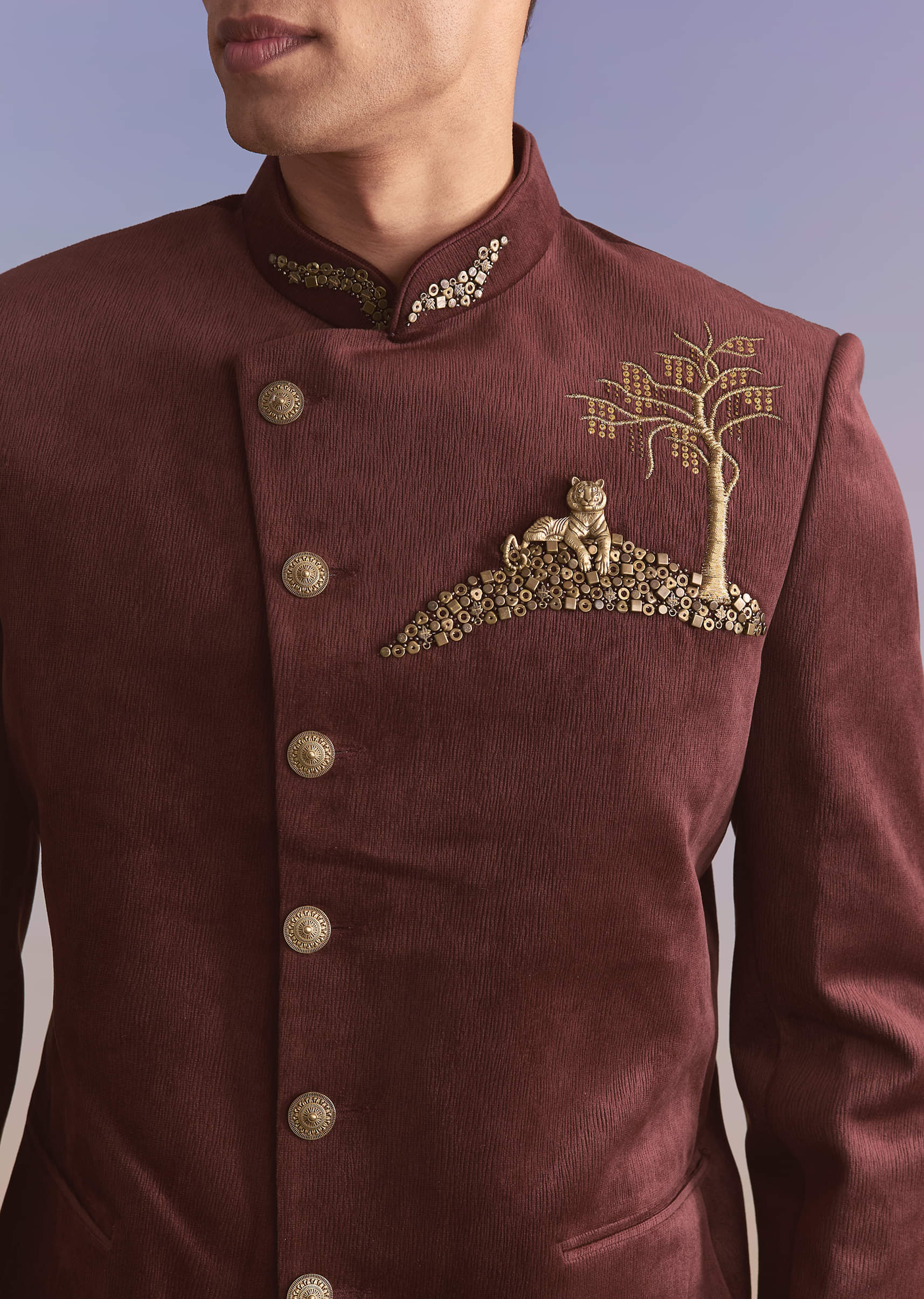 Wine Velvet Jodhpuri Suit For Men With Metal And Zari Embroidery - Image 2