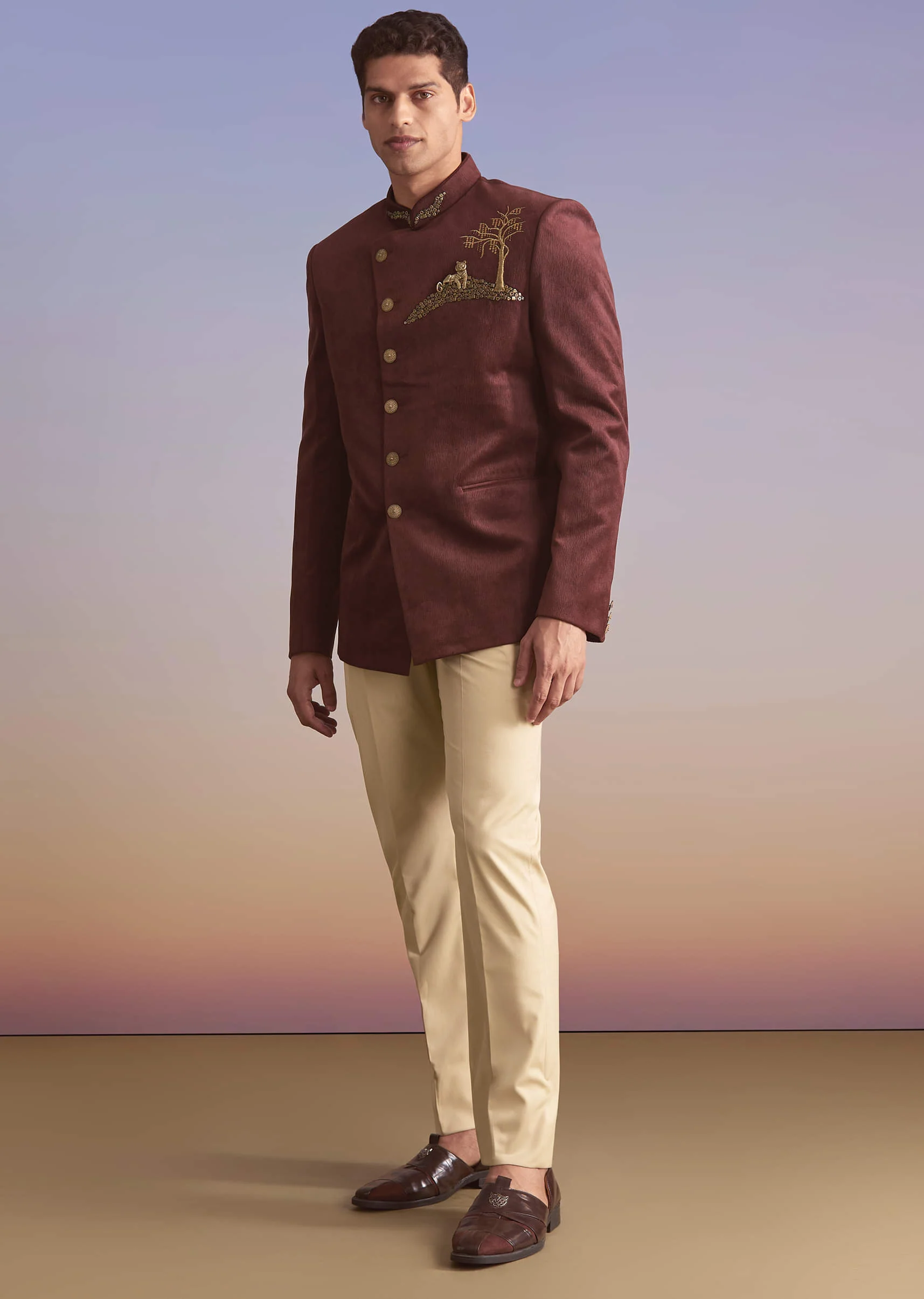 Wine Velvet Jodhpuri Suit For Men With Metal And Zari Embroidery - Image 3