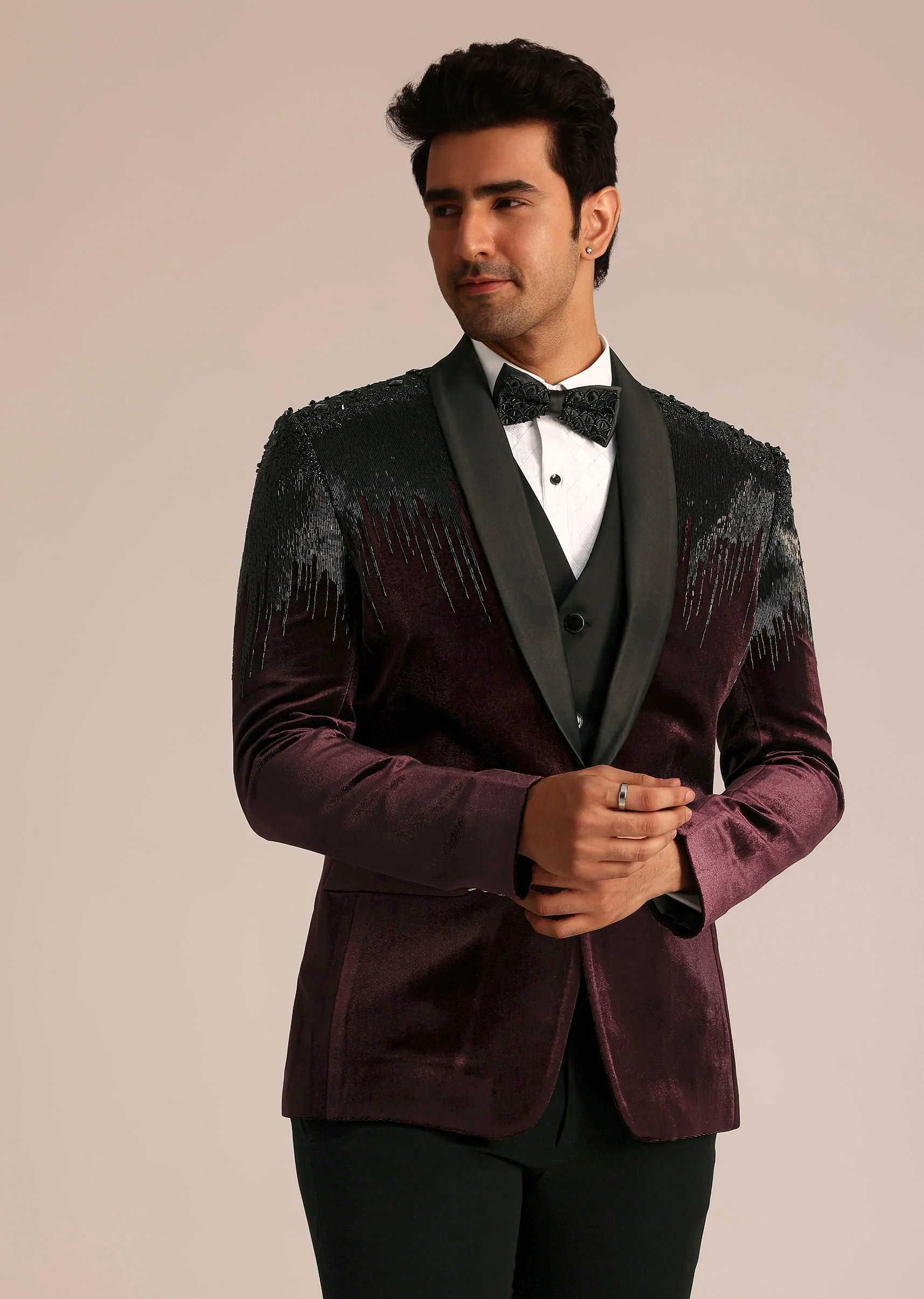 Wine Velvet Suit Set With Zardosi Detailing - Image 2