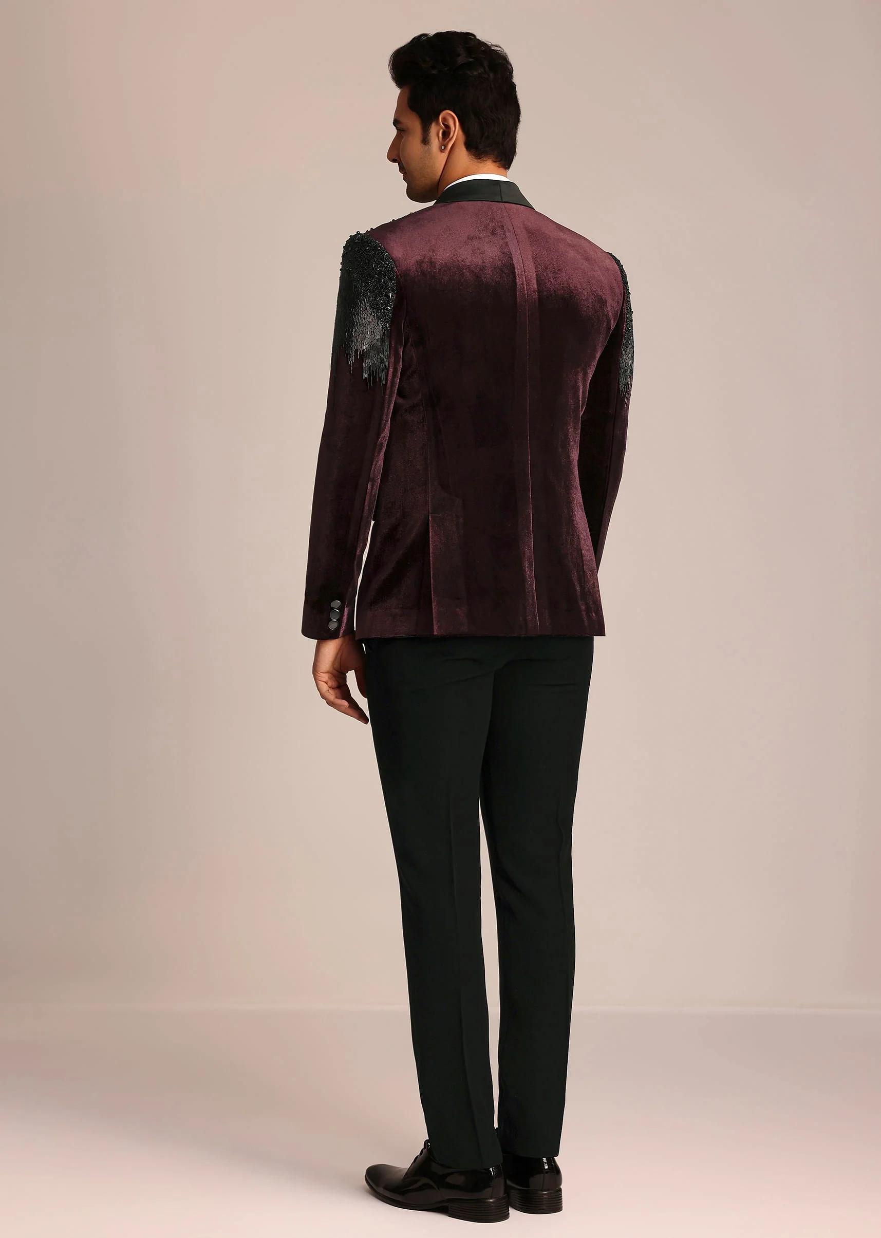 Wine Velvet Suit Set With Zardosi Detailing - Image 5