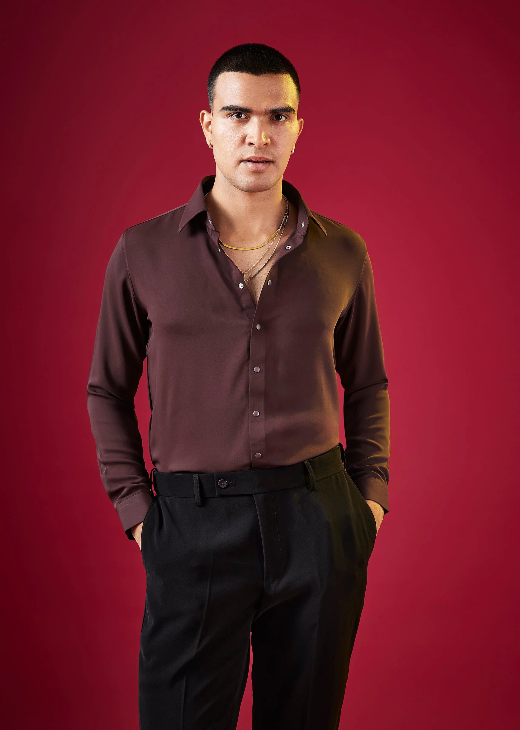 Wine Viscose Button Front Mens Shirt - Image 3