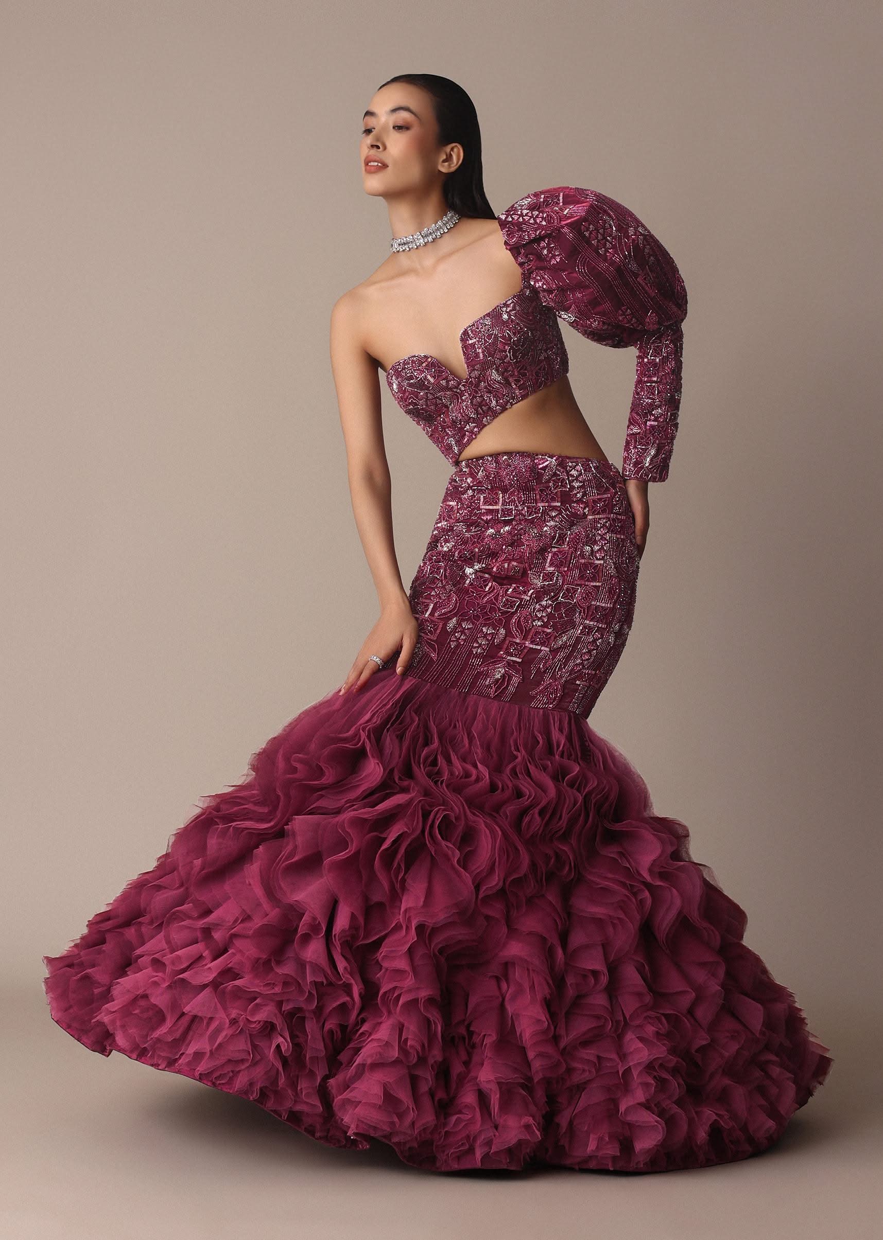 Wine Fish Cut One Shoulder Gown With 3D Organza Frills - Image 2