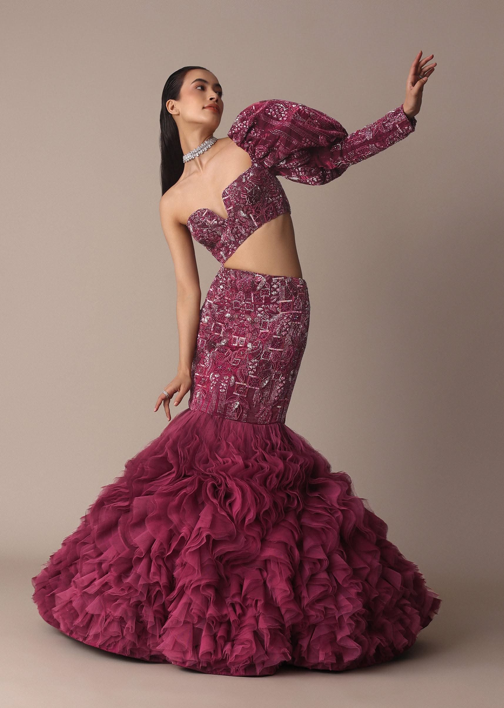 Wine Fish Cut One Shoulder Gown With 3D Organza Frills - Image 5