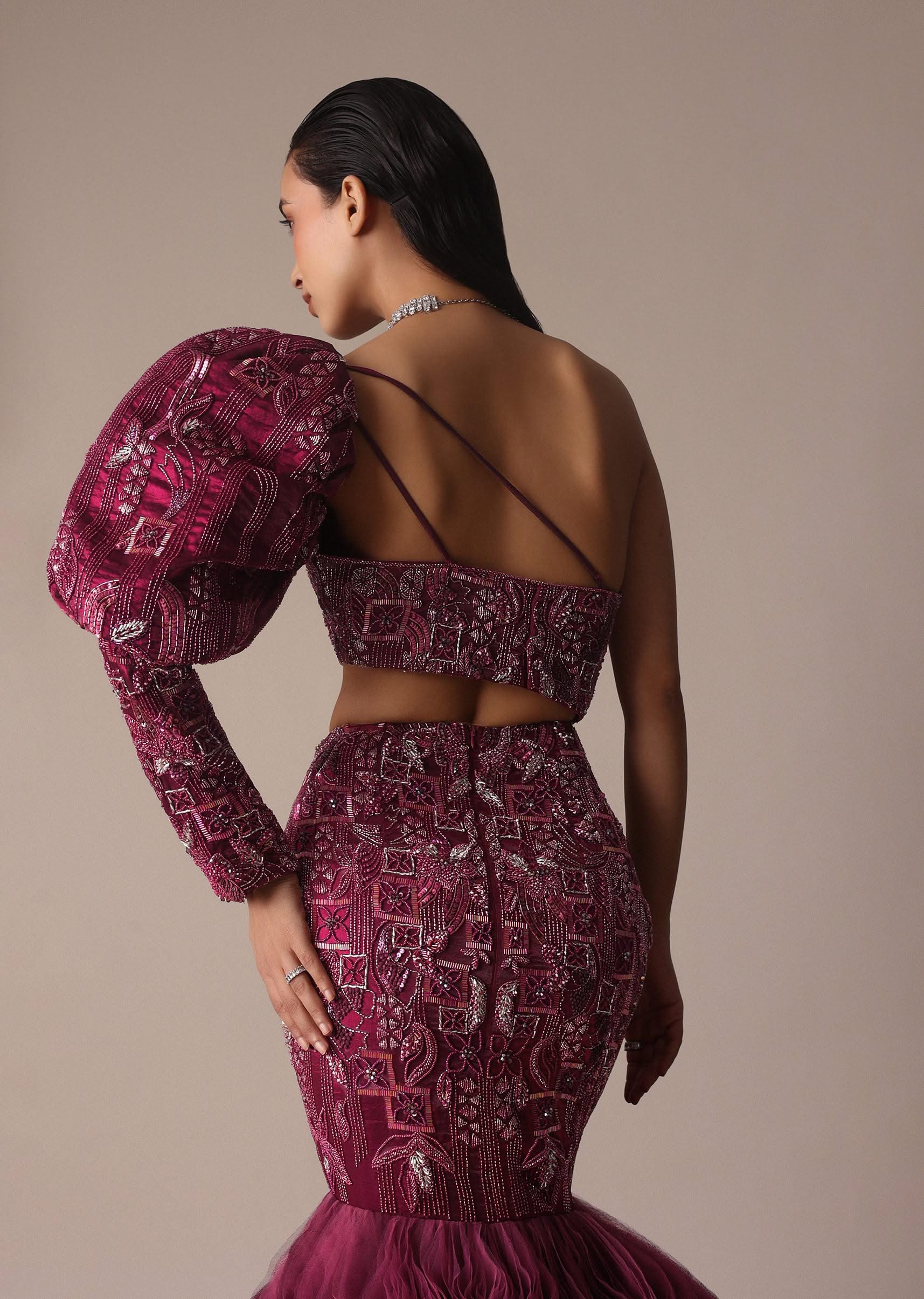 Wine Fish Cut One Shoulder Gown With 3D Organza Frills - Image 6