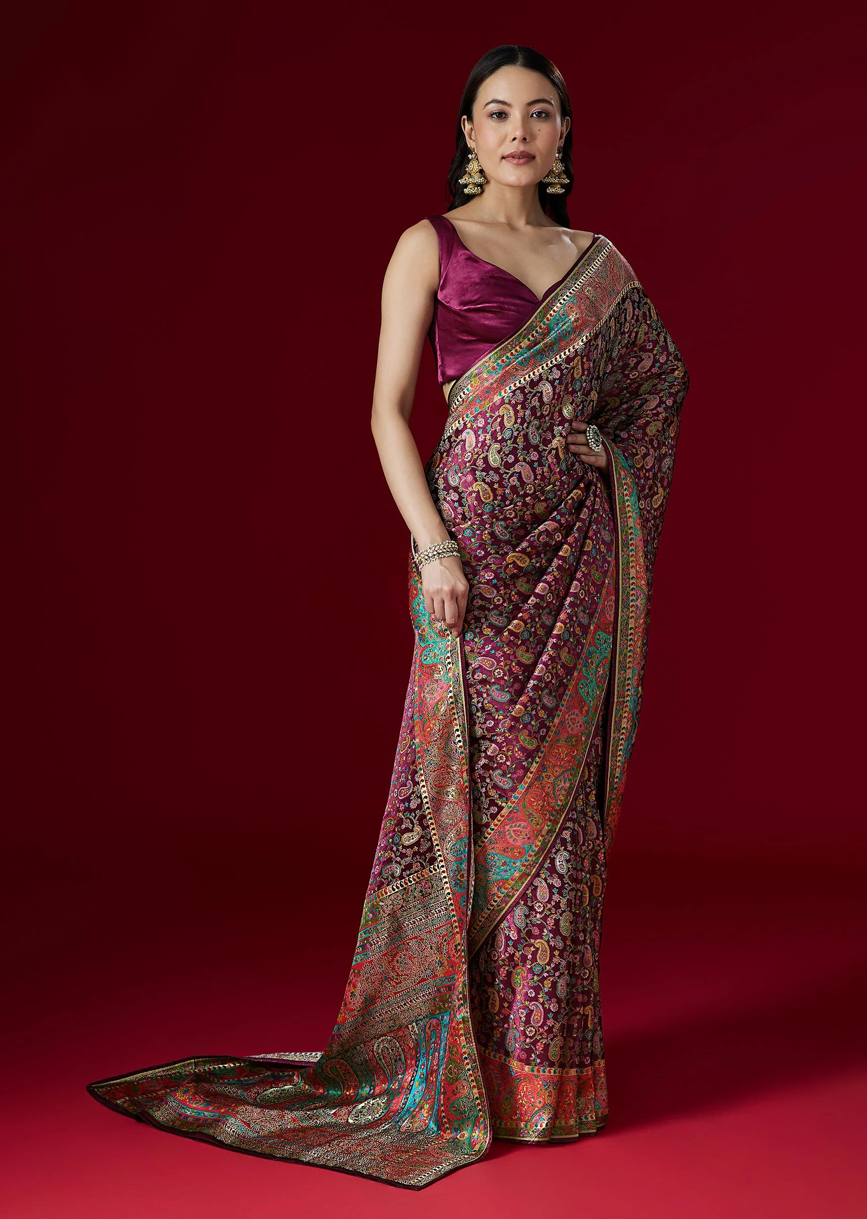 Wine Woven Satin Saree With Traditional Motifs