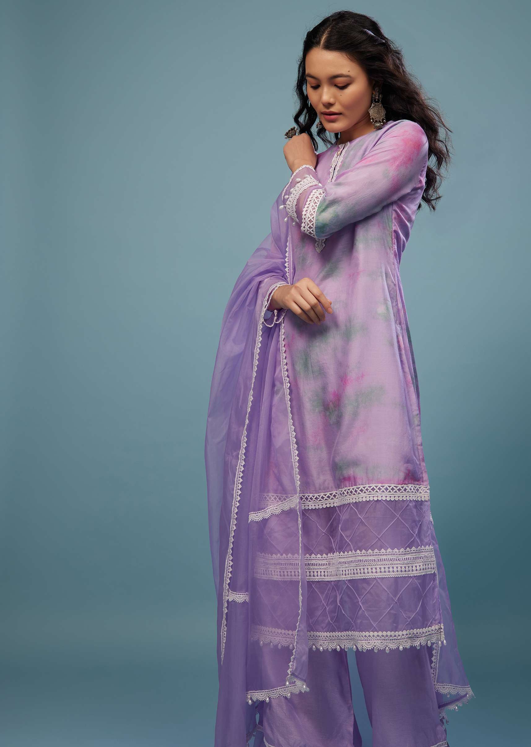 Lavender Purple Embroidered Palazzo Suit In Viscose Silk - Image 4
