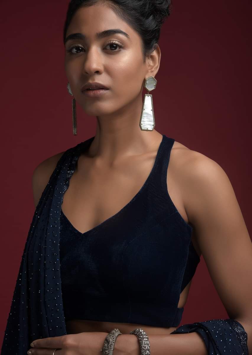 Navy Blue Blouse In Velvet With Halter Straps And Sweetheart Neckline - Image 4