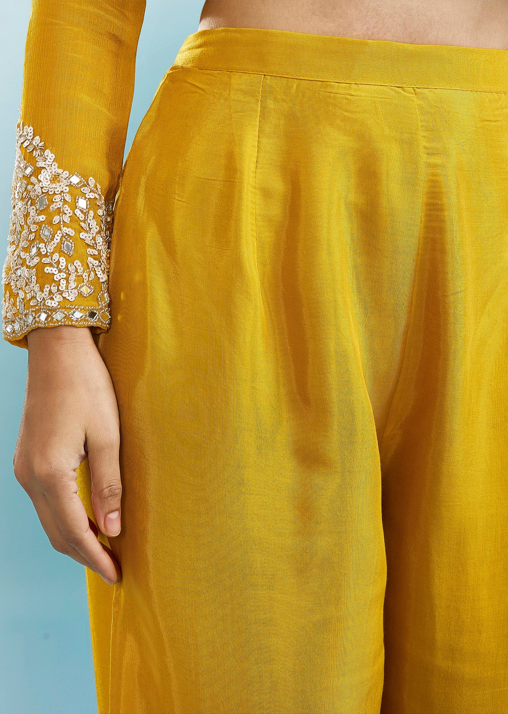 Yellow Anarkali Set With Mirror And Beads Work - Image 6