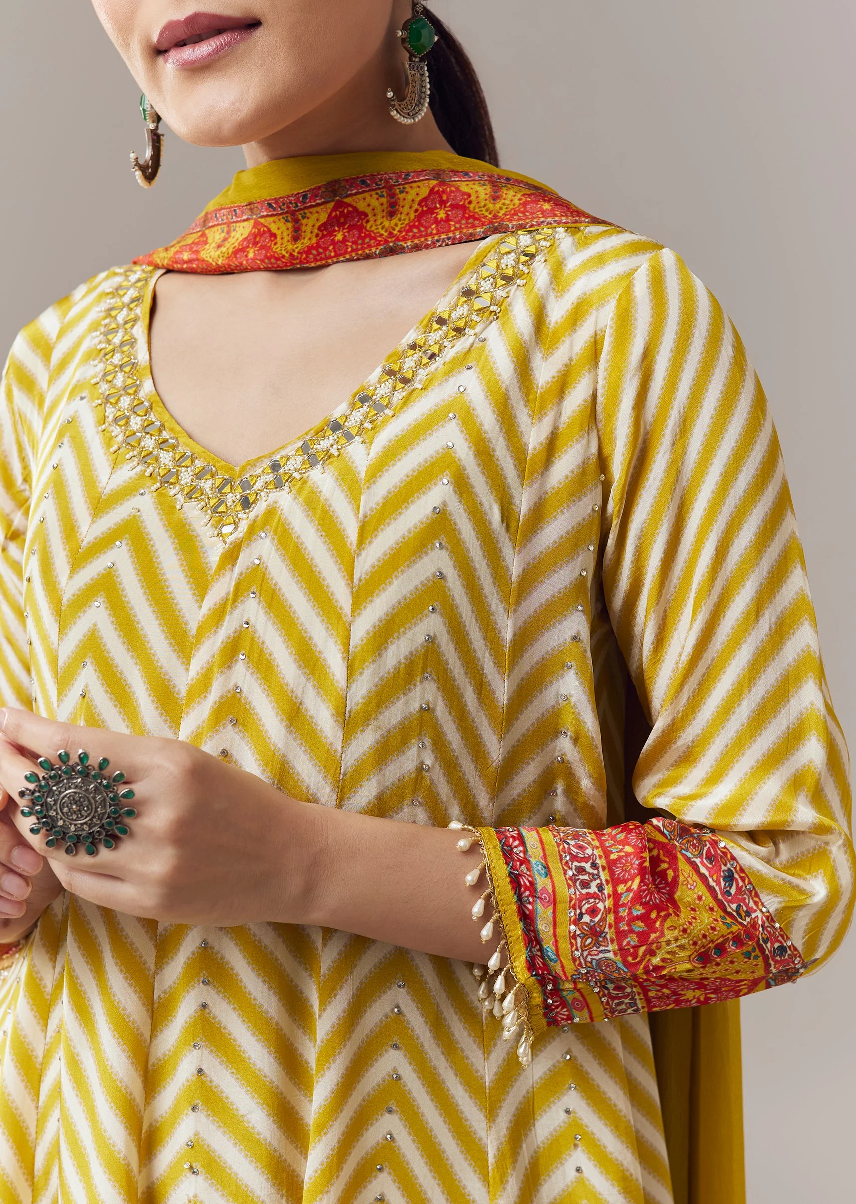 Yellow Anarkali Suit In Chevron Print With Mirror Moti And Stone Work And Dupatta - Image 2