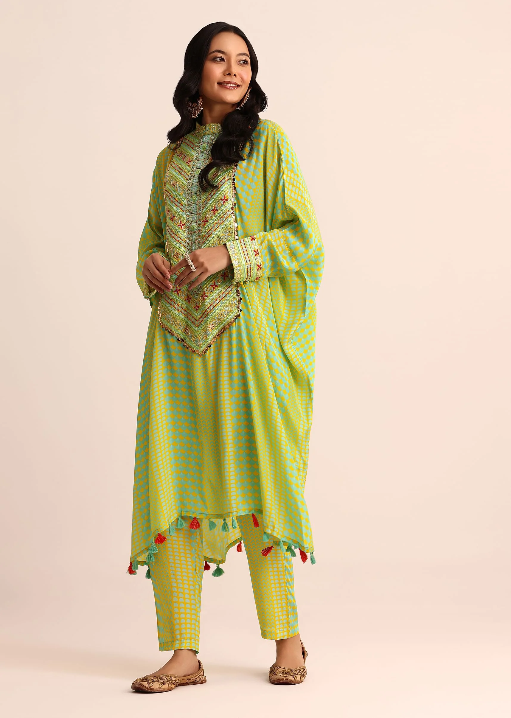 Yellow And Blue Embroidered Crepe Kaftan Kurti And Pant - Image 2