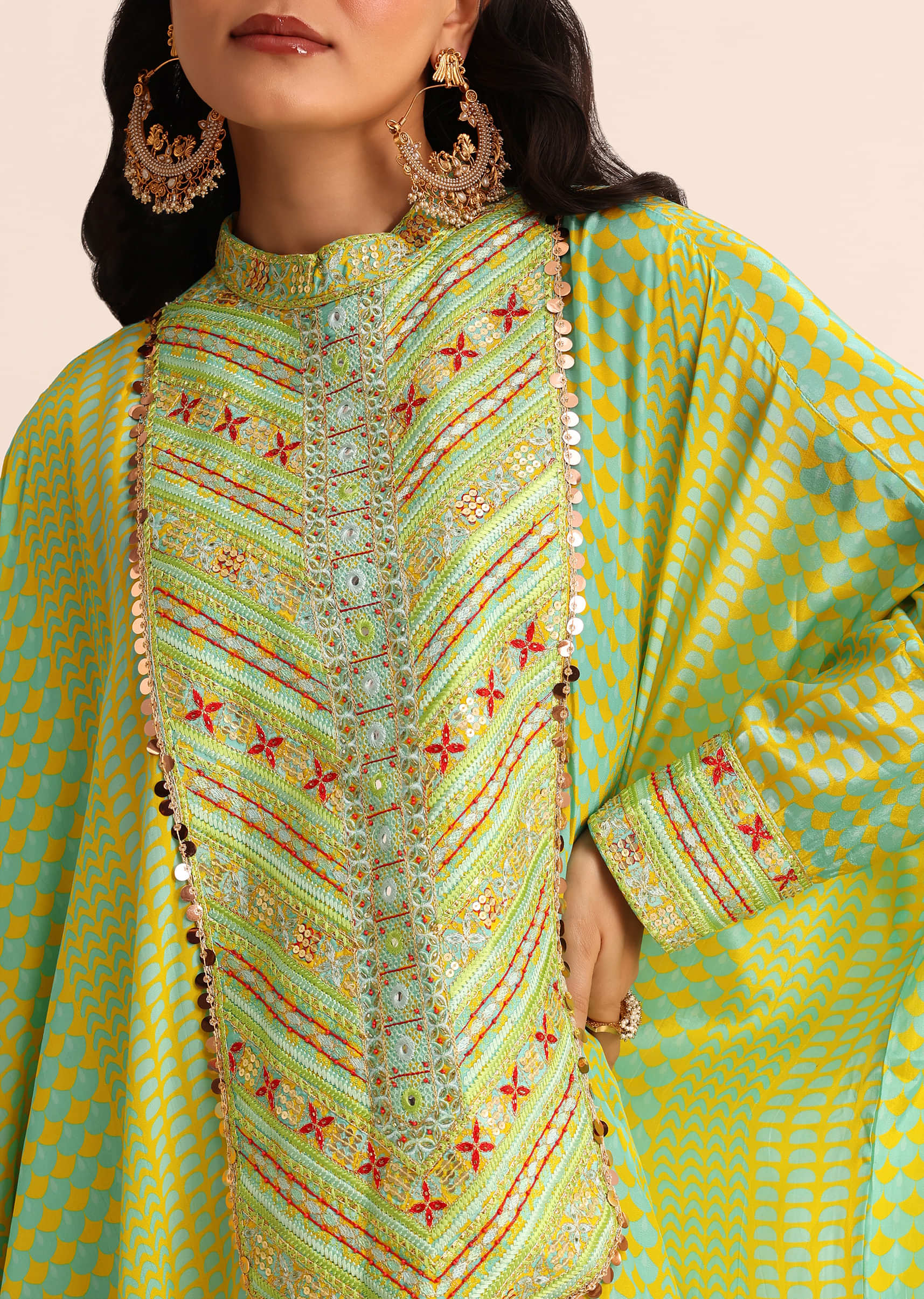 Yellow And Blue Embroidered Crepe Kaftan Kurti And Pant - Image 4
