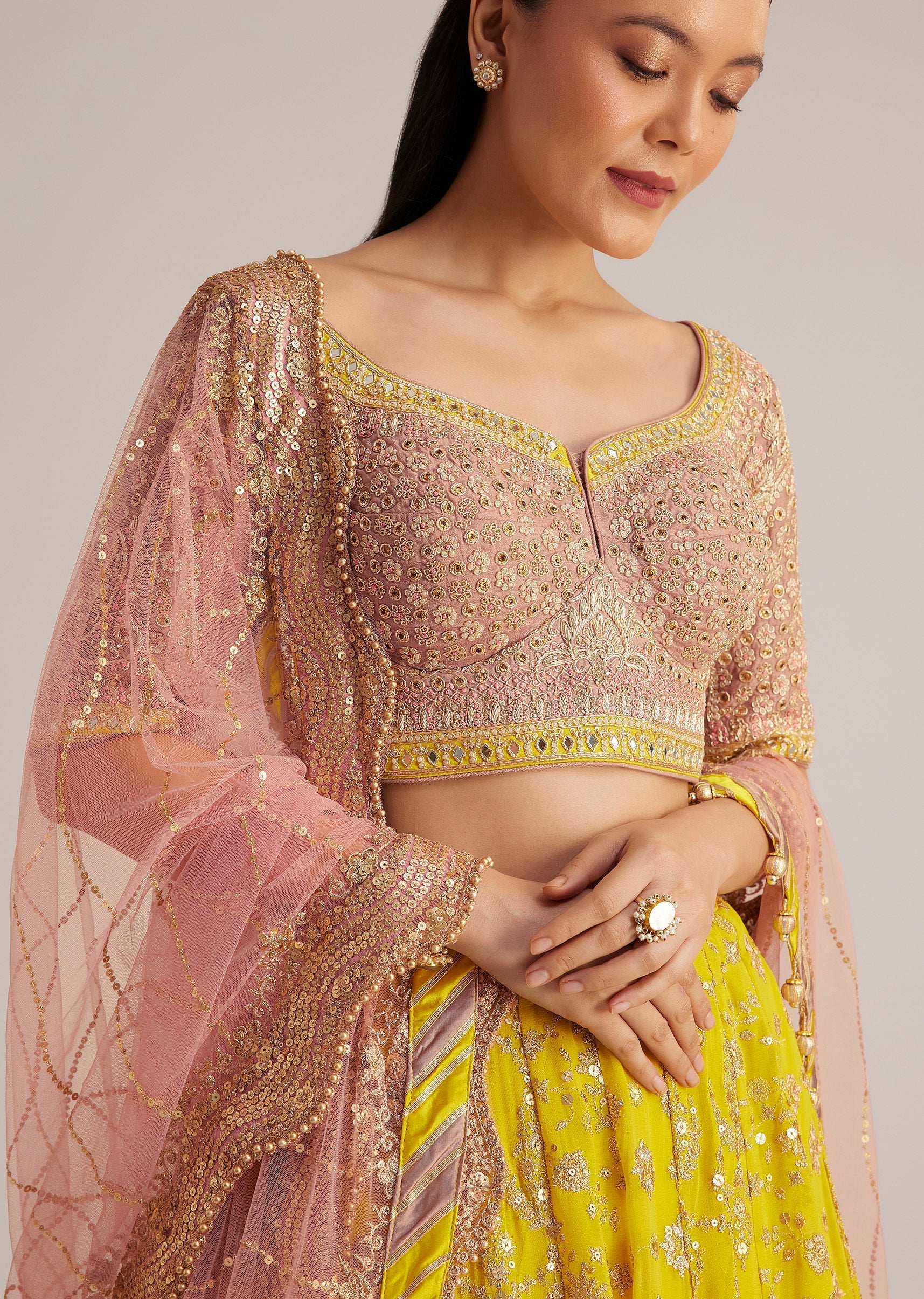 Yellow and Mauve Embroidered Lehenga Set With Net Dupatta - Image 3