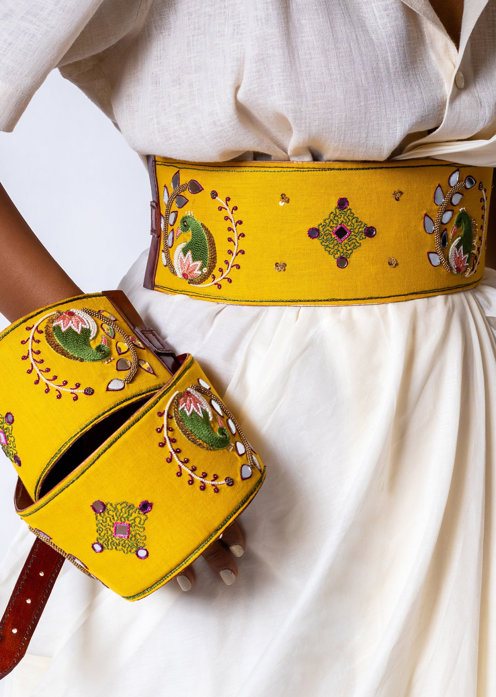 Yellow And Olive Embroidered Waist Belt
