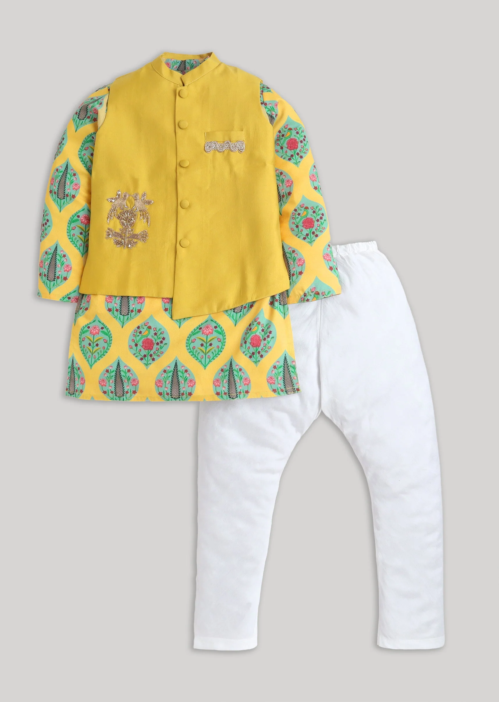 Yellow And White Kids Nehru Jacket Set