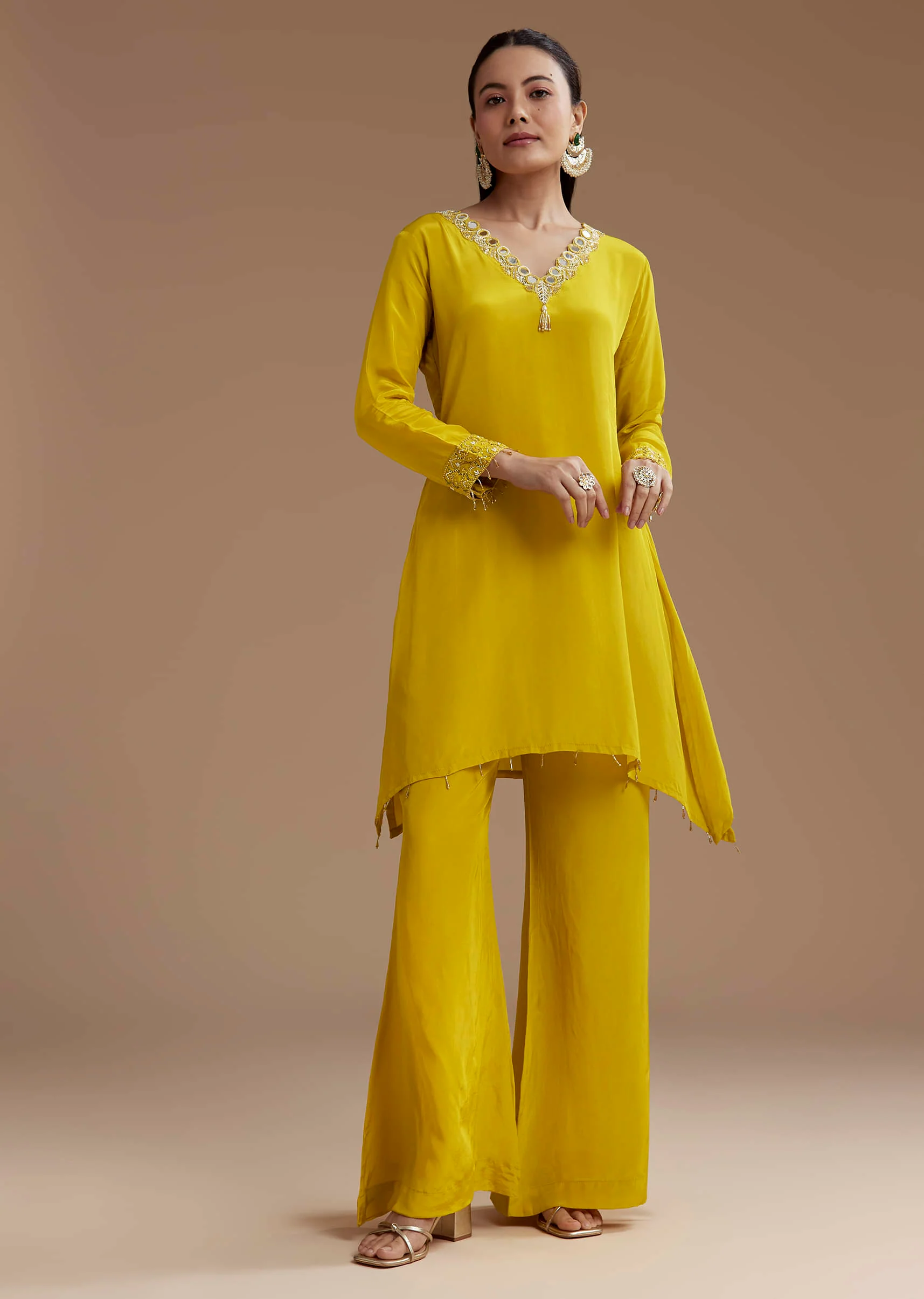 Yellow Asymmetric Kurta and Palazzo Set - Image 3