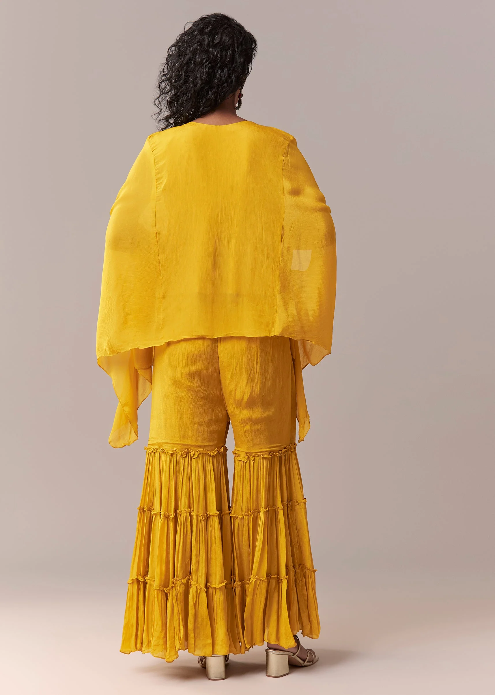 Yellow Asymmetric Sharara Cape Set - Image 5