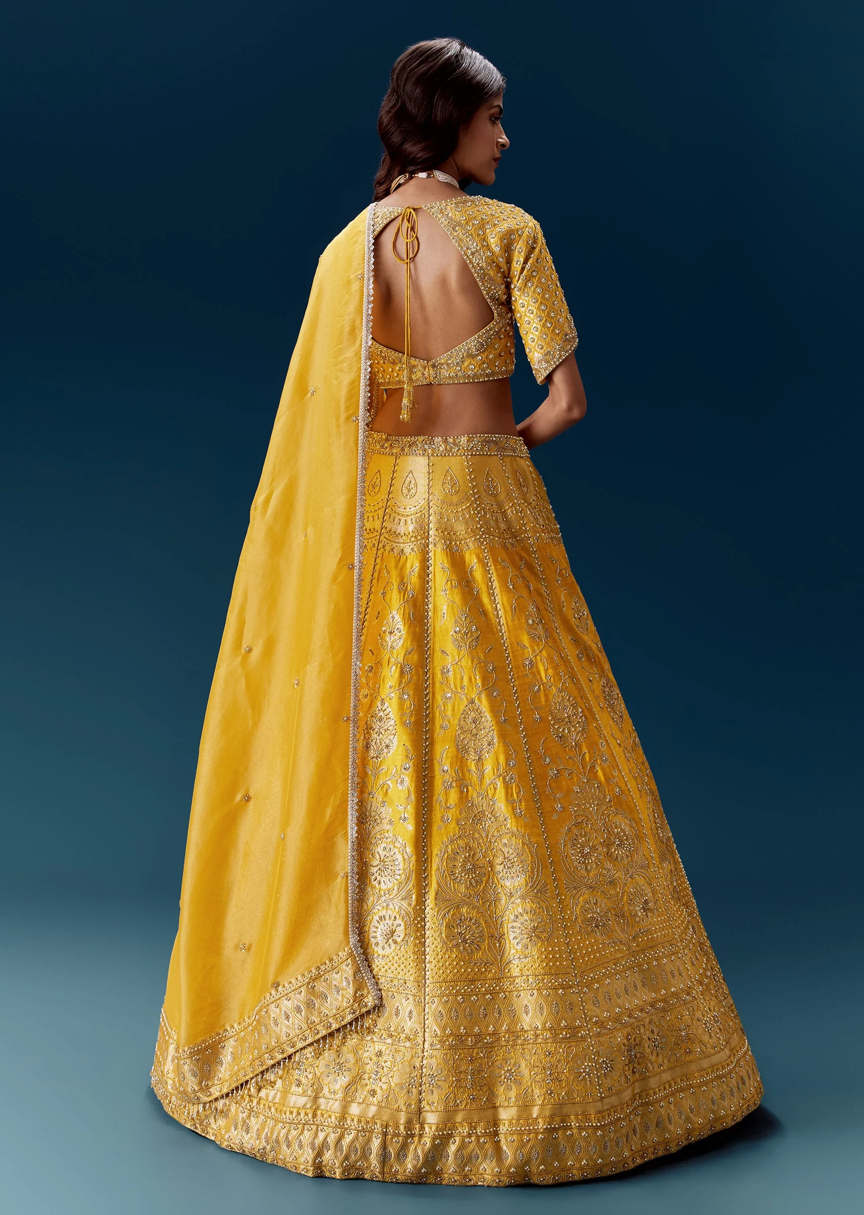 Yellow Banarasi Embroidered Bridal Lehenga With Dupattas - Image 2