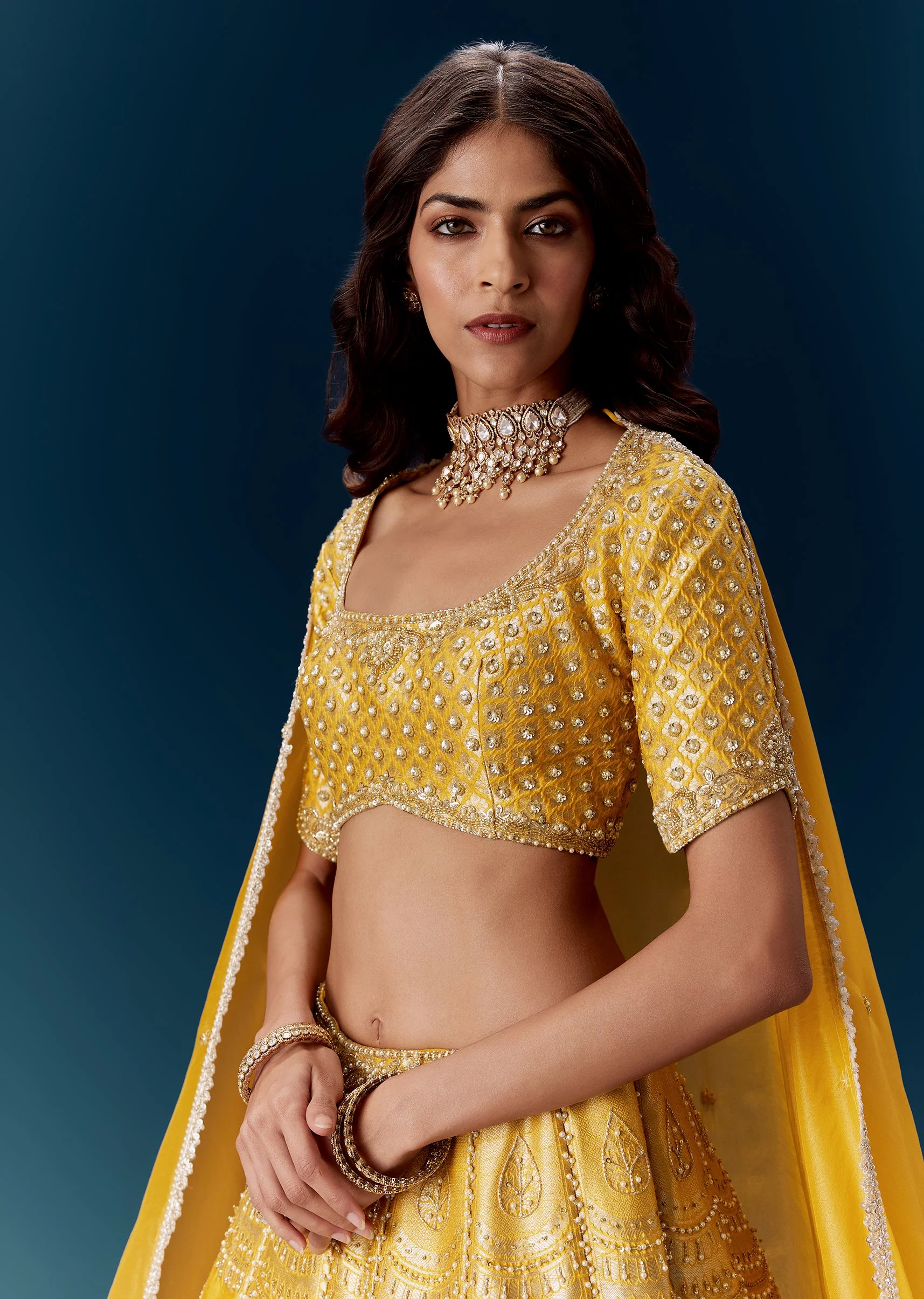 Yellow Banarasi Embroidered Bridal Lehenga With Dupattas - Image 3