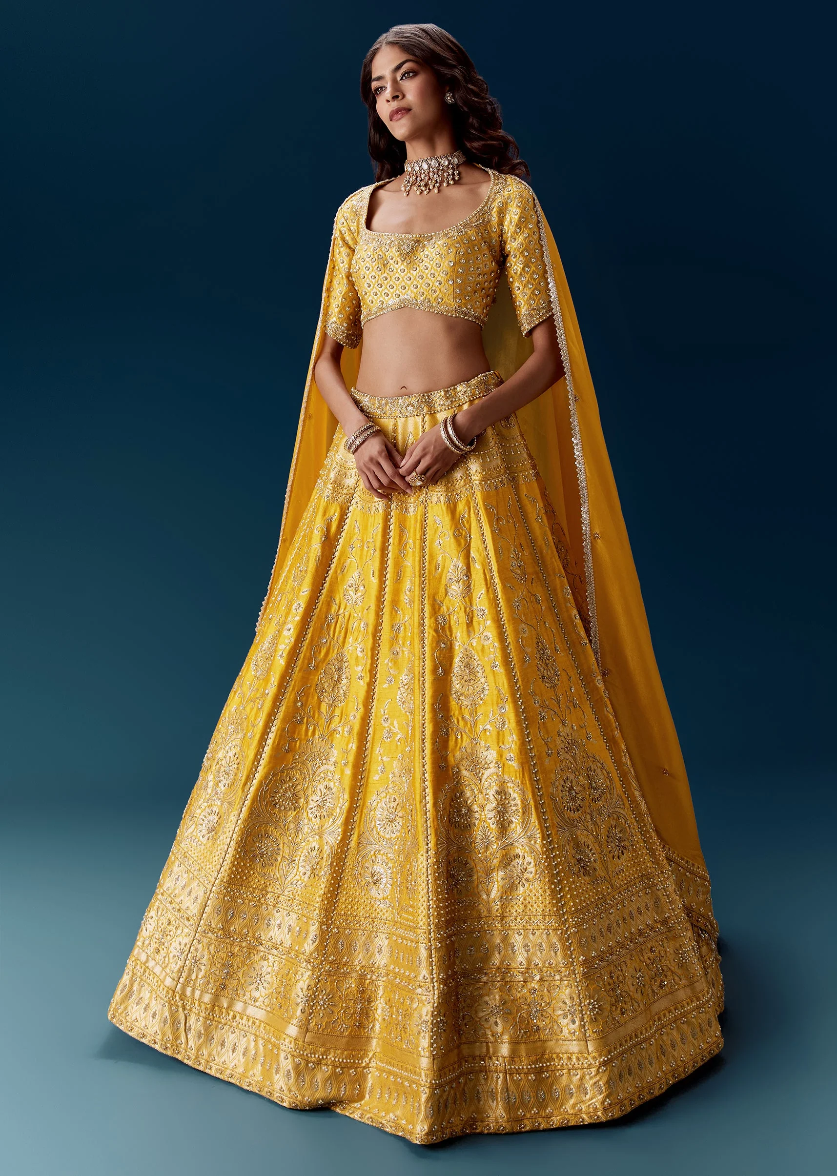 Yellow Banarasi Embroidered Bridal Lehenga With Dupattas - Image 4