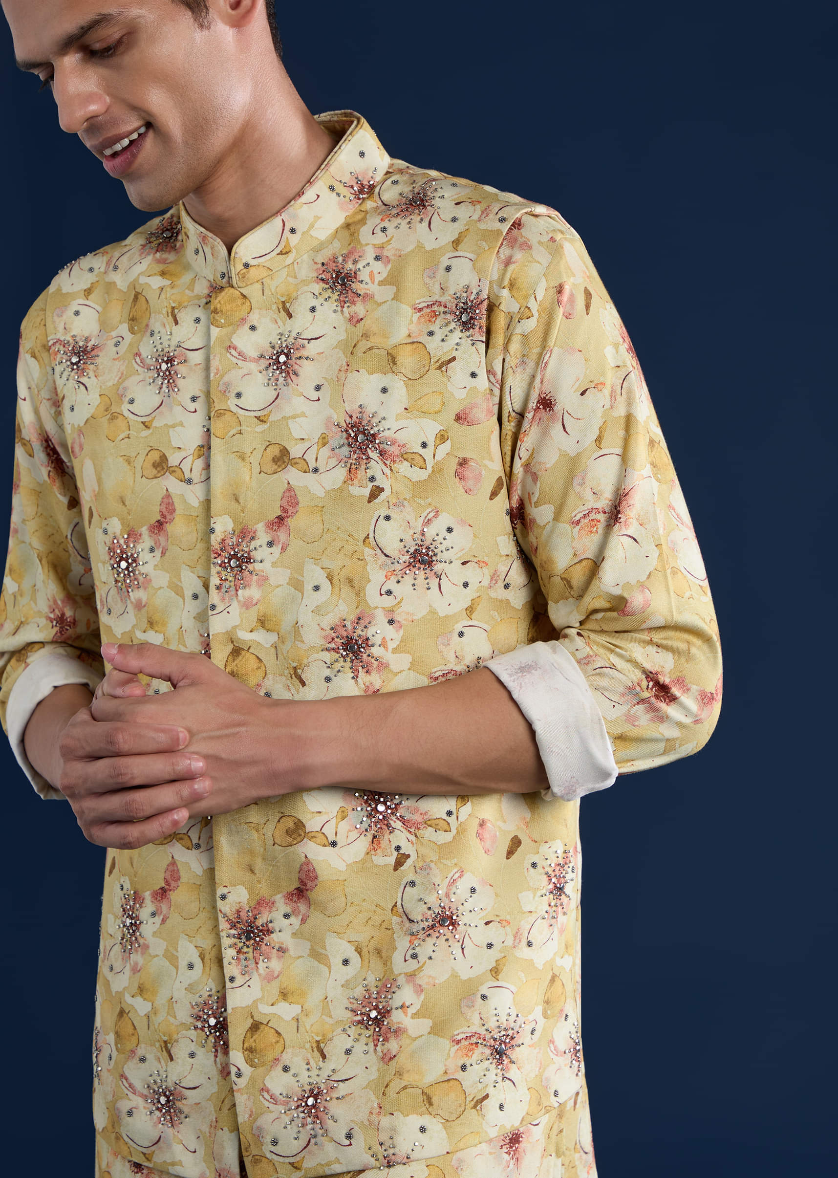 Yellow Banarasi Silk Jacket Kurta Set - Image 2