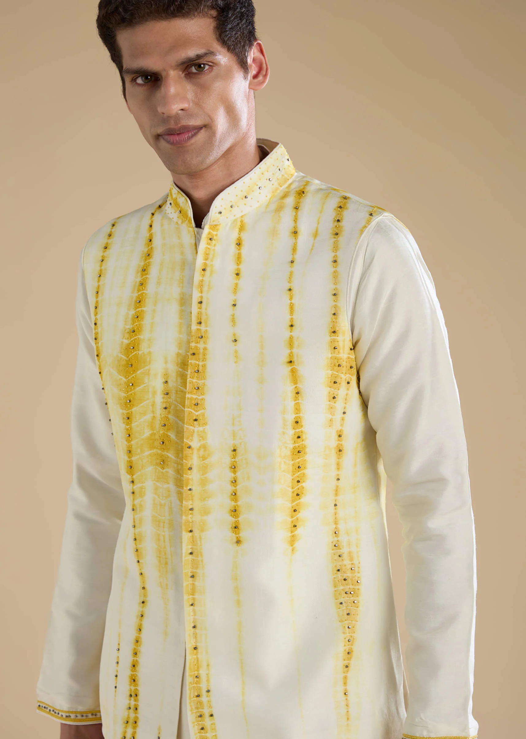 Yellow Banarasi Silk Jacket Kurta Set with Sequin Work - Image 2