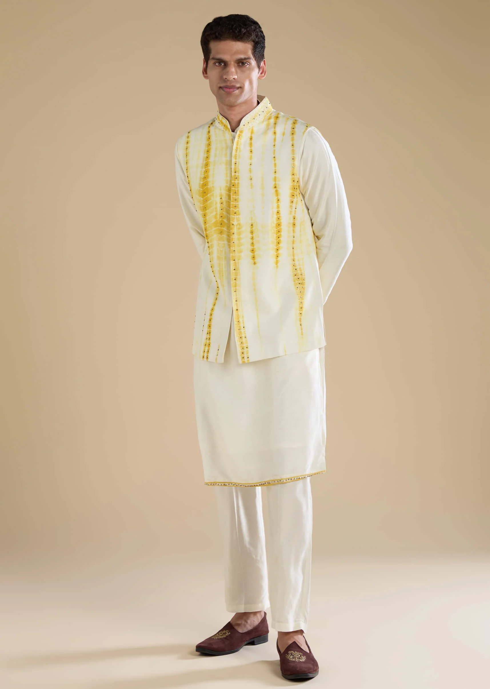 Yellow Banarasi Silk Jacket Kurta Set with Sequin Work - Image 3
