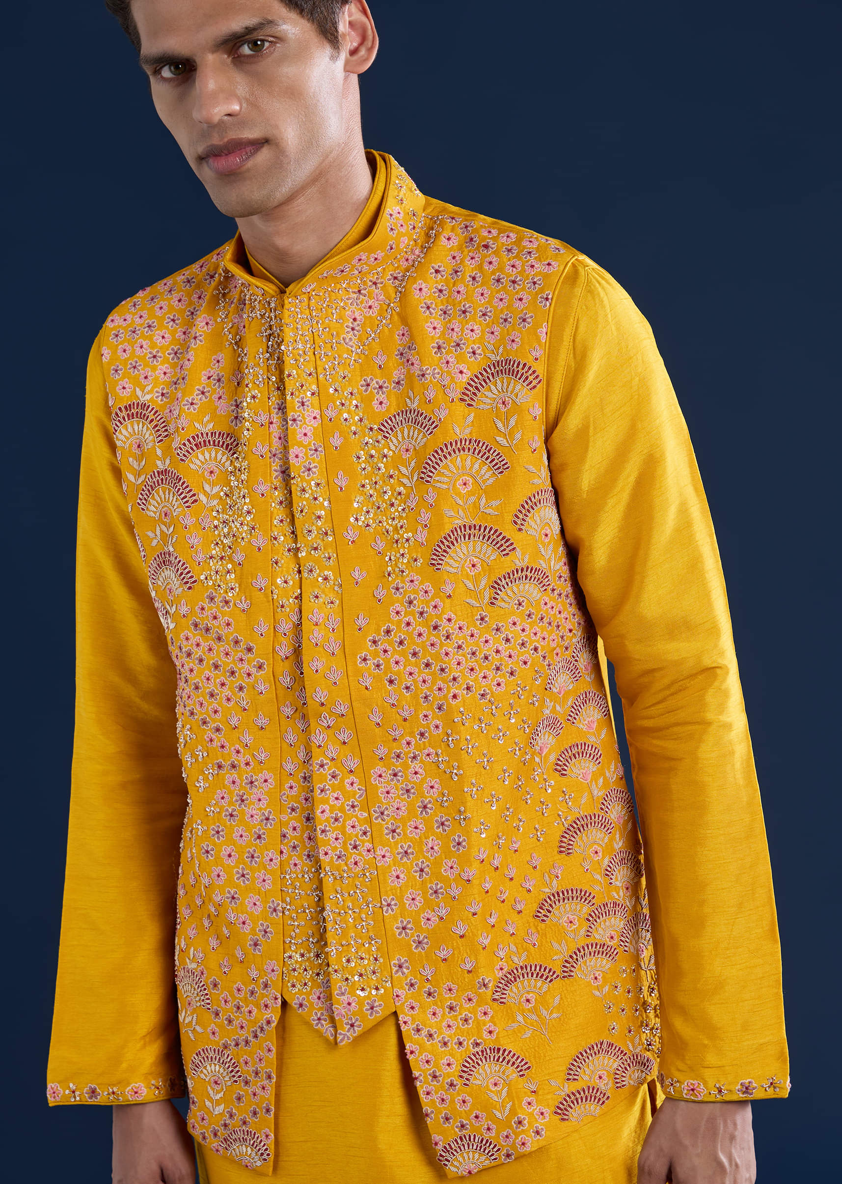 Yellow Banarasi Silk Jacket Kurta Set with Zardozi Work - Image 2