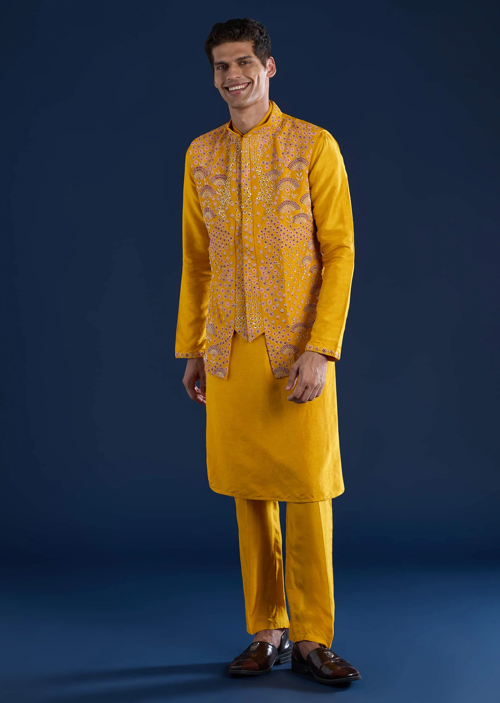 Yellow Banarasi Silk Jacket Kurta Set with Zardozi Work - Image 3