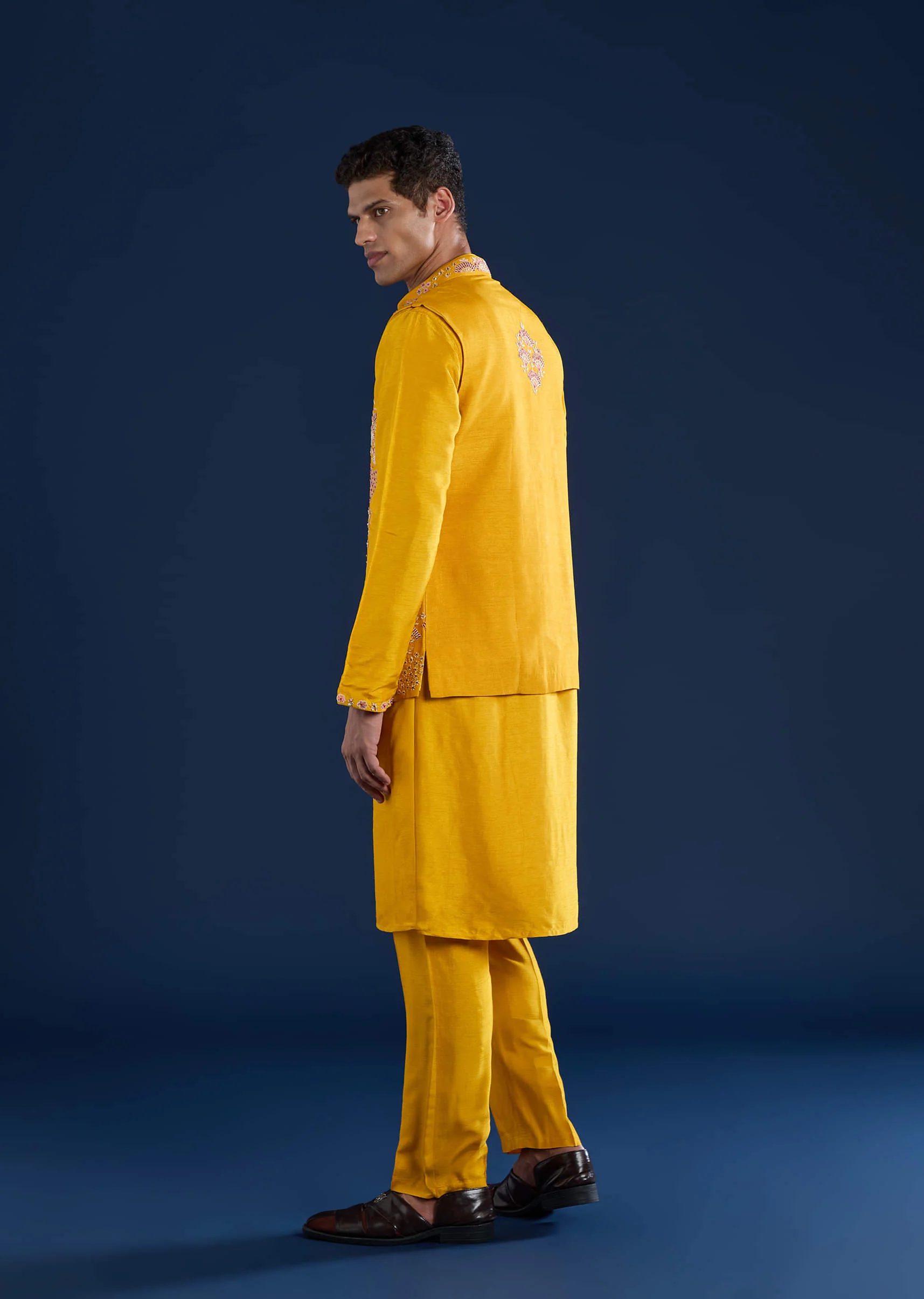 Yellow Banarasi Silk Jacket Kurta Set with Zardozi Work - Image 5