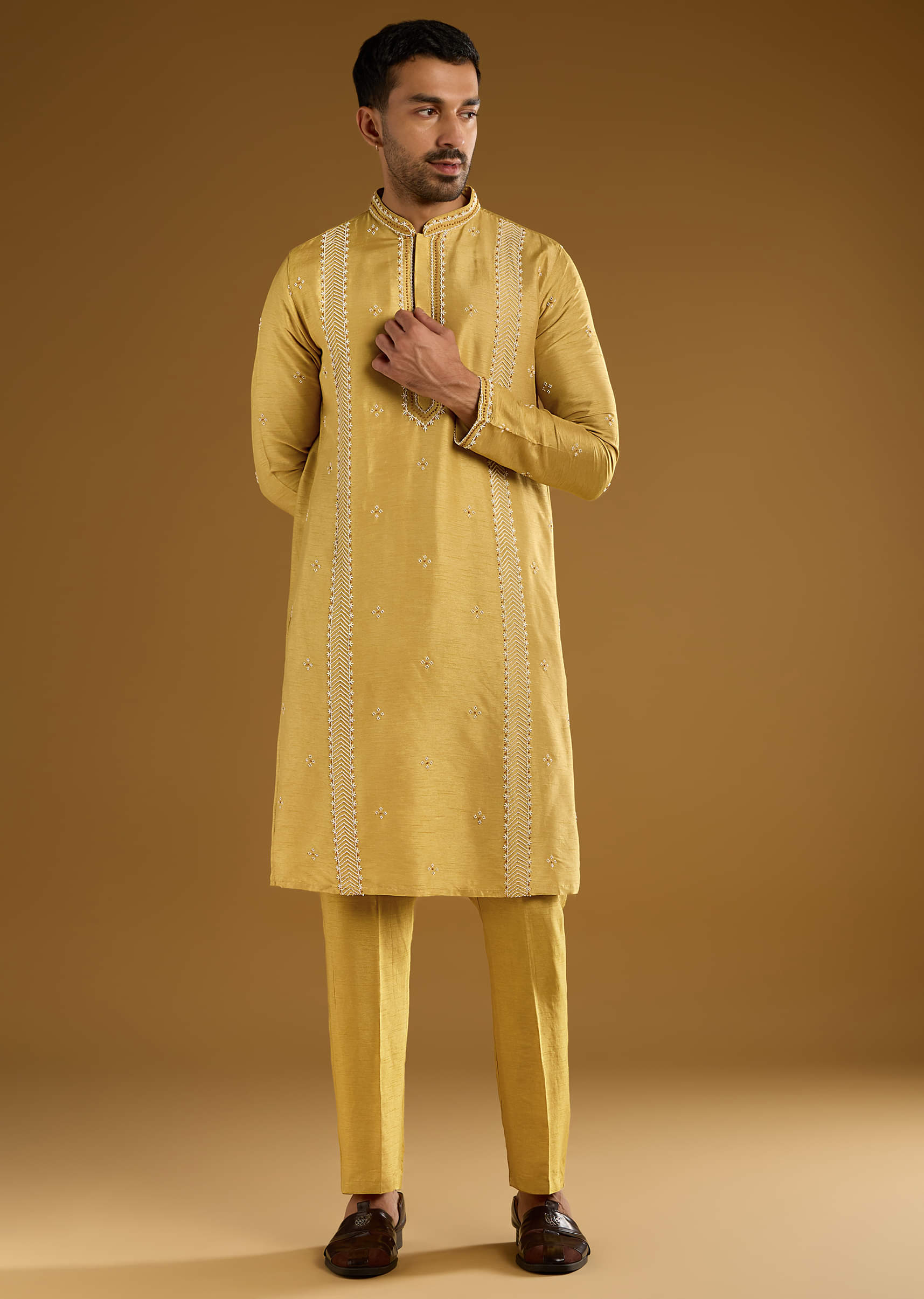 Yellow Banarasi Silk Kurta Set For Men With Resham Work - Image 3