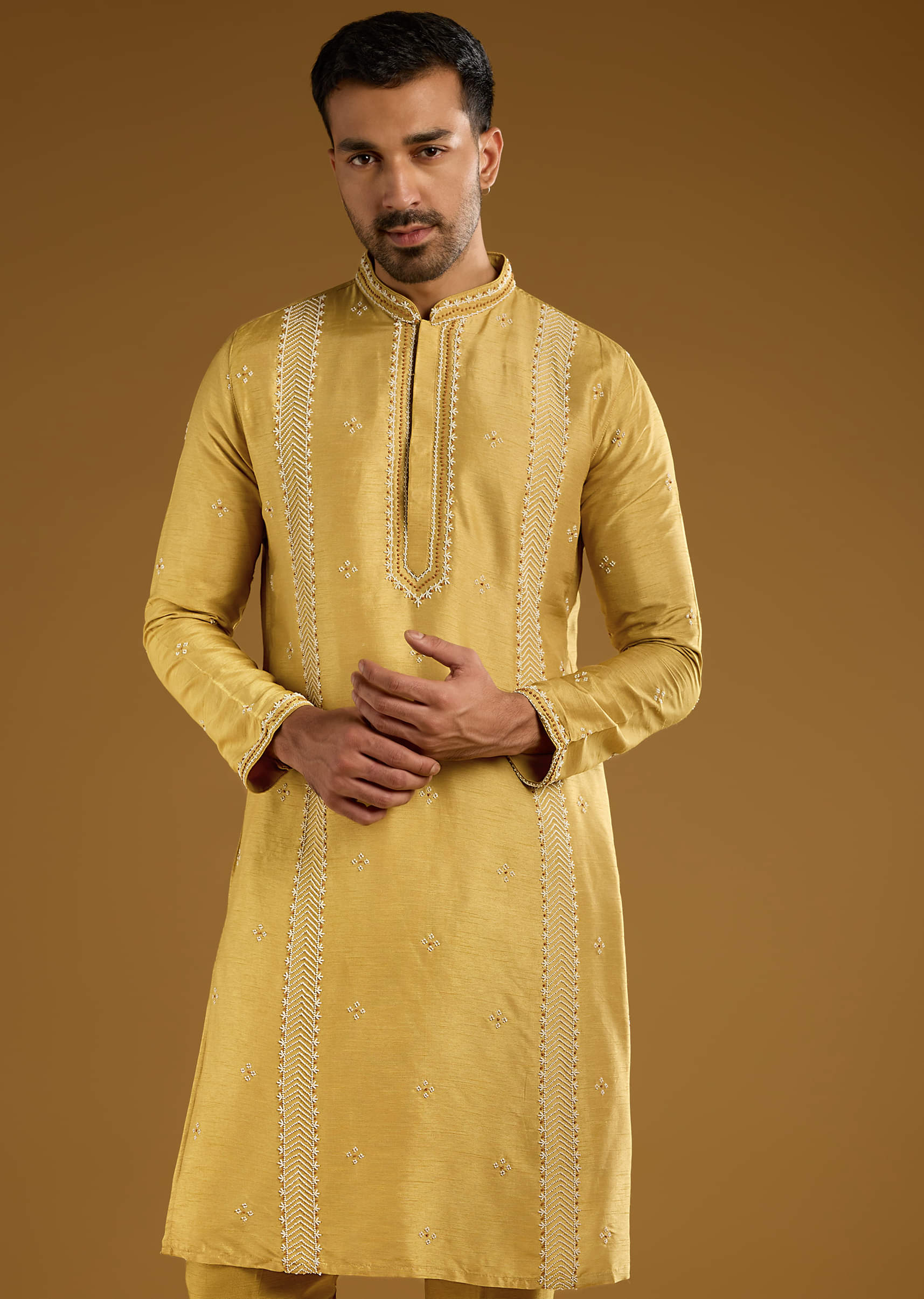 Yellow Banarasi Silk Kurta Set For Men With Resham Work - Image 4