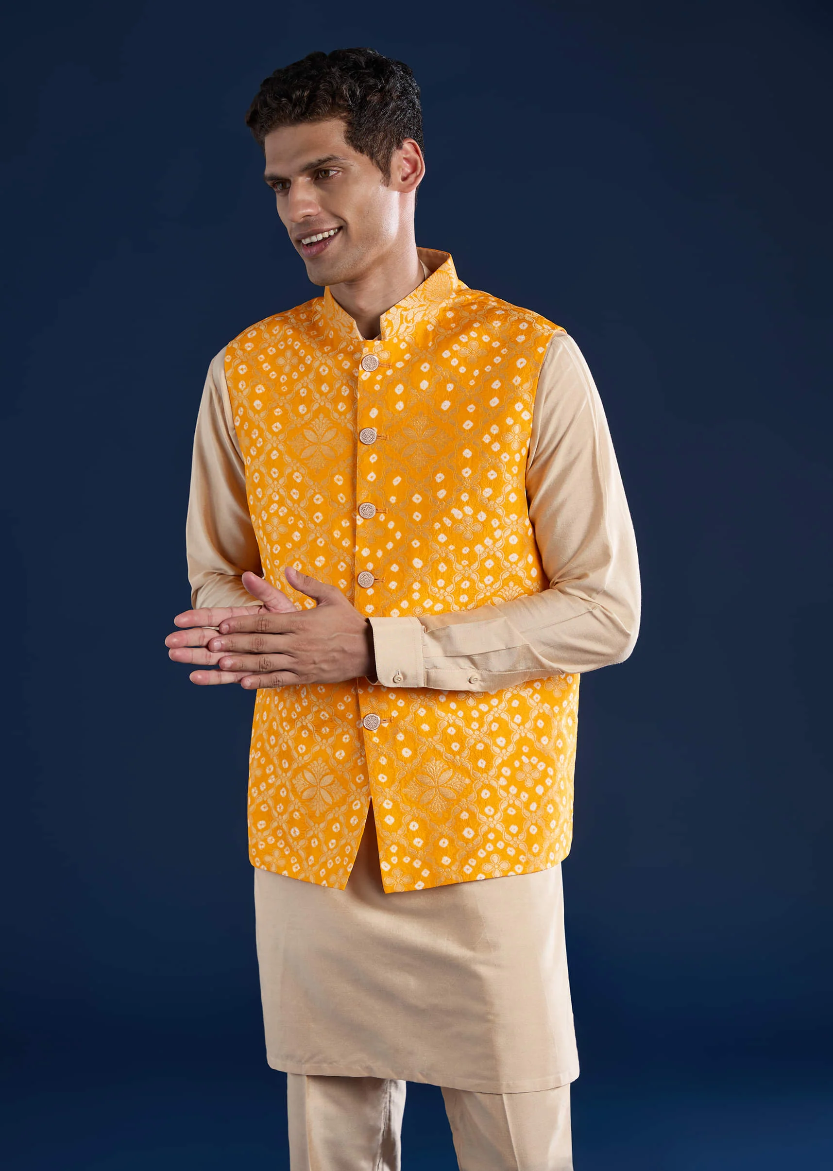 Yellow Bandhani Silk Jacket Kurta Set - Image 4