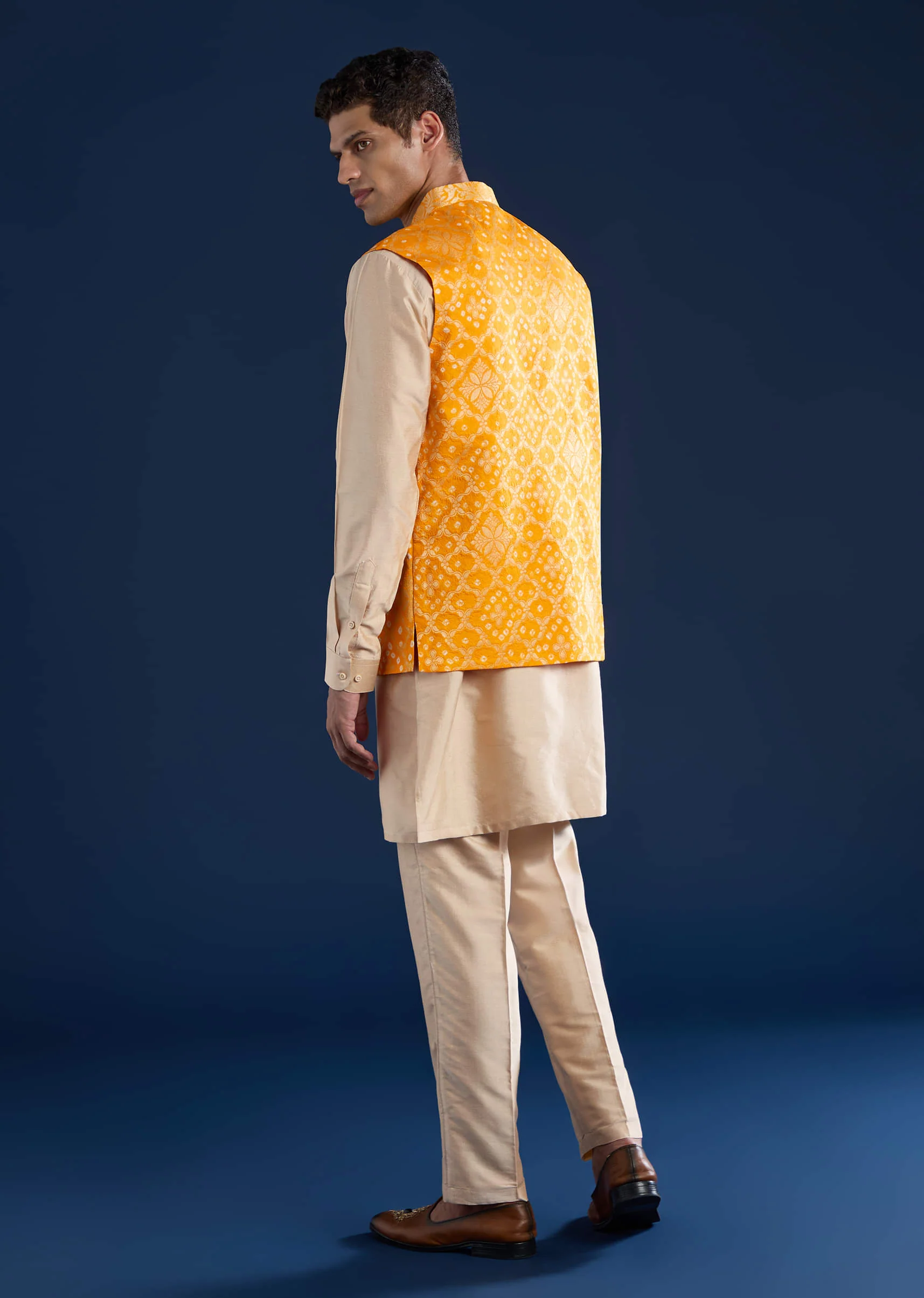 Yellow Bandhani Silk Jacket Kurta Set - Image 5